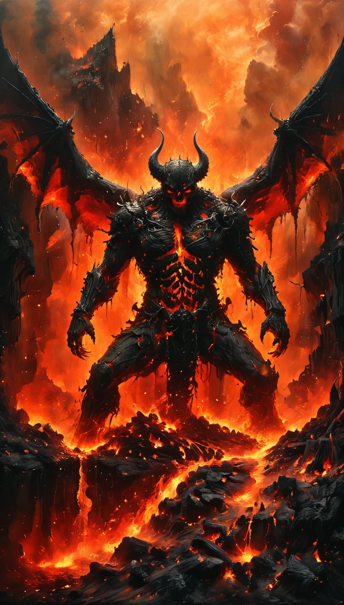 (high quality, detailed, realistic:1.37), (horror, dark, demonic) (1 demon，Its body is made of lava.:1.5)。lava demon and demon knight struggle in the open court of hell. A bride, (chained; shackled; bound) stands elevated above, with flowing lava, lava waterfall, cracks, viscous liquid among (skulls, skeleton) scattered on the ground.Linked to the shoulder blade and ankle，Chain，shackles，，，struggle，Break free
