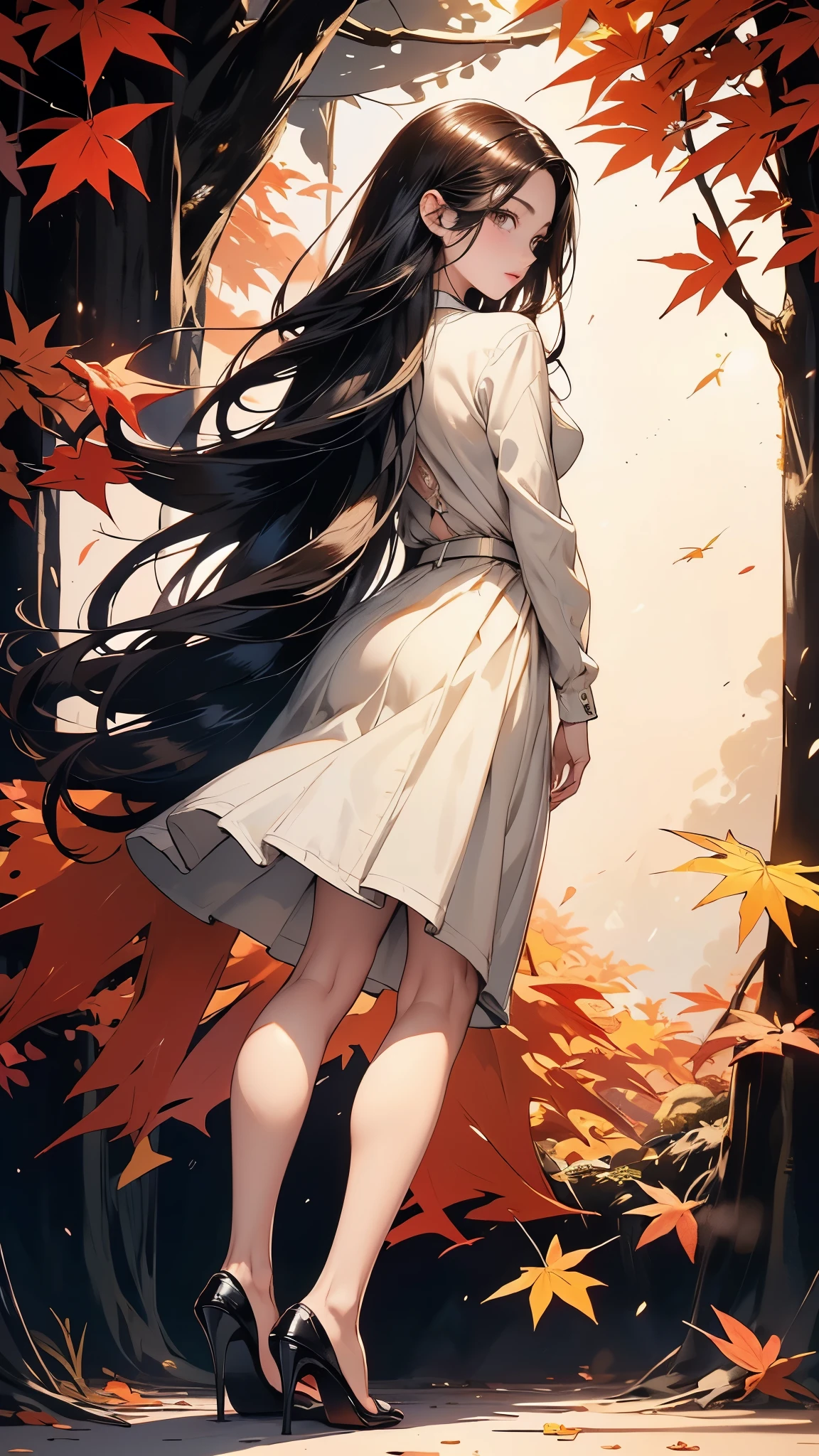 ((Biologically correct limb count))、(( A full-body illustration from toes to face))、4K、Masterpiece、((Eyes with delicate depictions、Detailed depiction of faces、Focus on the face))、((Symmetrical, well-proportioned facial features))、Beautiful woman、Outstanding style、Beautiful clavicle、Beautiful legs、Beautiful Hands、Slender Body、(shirt、skirt、High heels)、Looking up、High angle、The background is a beautiful park with autumn leaves、((Walking posture))、Black Hair、((Back view))、((Looking back))
