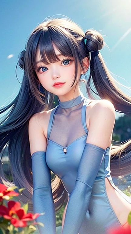 (highest quality, masterpiece), One Girl, Twin tails、stop temporarily, particle, Wind, flower, Upper Body, Simple Background, View your audience, , milky way,smile、Turquoise Eyes、(Silver long hair)、Red eyeshadow、flower柄、See-through、Blue bodysuit king、Twin tails、Wind、Crescent Moon