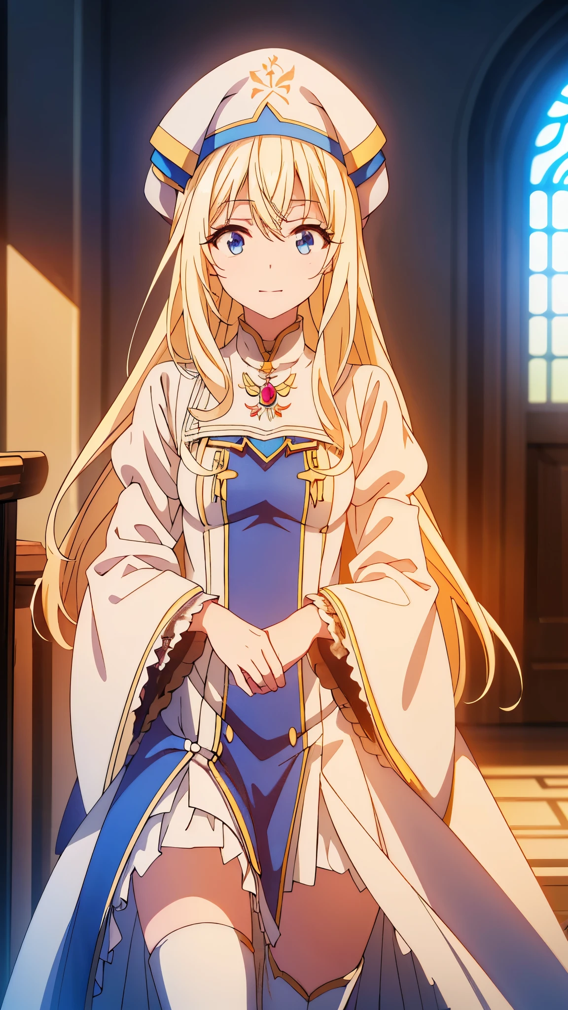Priestessess, Priestessess, Blonde, blue eyes, Long Hair, Hair between the eyes, (Small breasts:1.0), smile, break boots, dress, Frills袖, Frills, Have, White Hat, Pelvic Curtain, High heels, Robe, Thigh-high boots, Knee socks, white Knee socks, Long sleeve, Puffy sleeves, break looking at viewer, break indoors, church, break (masterpiece:1.0), highest quality, High resolution, unity 8k wallpaper, (figure:0.8), (Beautiful fine details:1.0), Highly detailed face, Perfect lighting, Highly detailed CG, (Perfect hands, Perfect Anatomy),