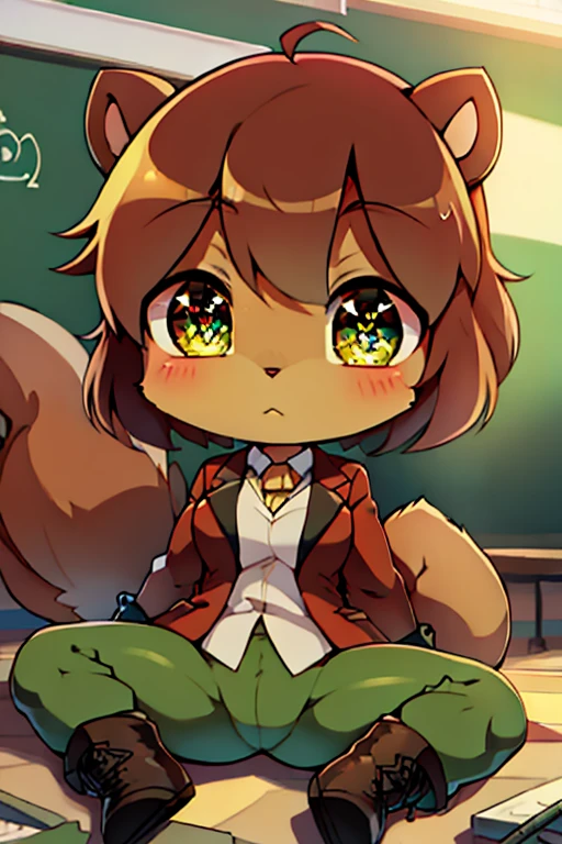 boy, squirrel, furry, bodyfur, blazer, bottomless, green tights, gloves, boots, chibi, school, spread legs, sparkling eyes