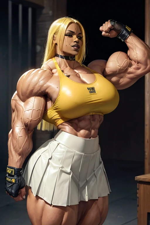 (((((Massive, tall, beautiful, light brown skinned, buff, muscular woman with yellow hair, black lipstick, ginormous bulky muscles and wearing a white leather sports bra with pleated skirt))))), (close view), (massive muscle), massive biceps, hyper muscle shoulders, vascular shoulders, hyper muscle triceps, (long flowing hair), gray eyes, (wristbands), choker, school shoes, (in penitentiary), fingerless gloves, closed smile, night, hyper vascular arm, hyper muscles arms, hyper muscle legs, massive arms.