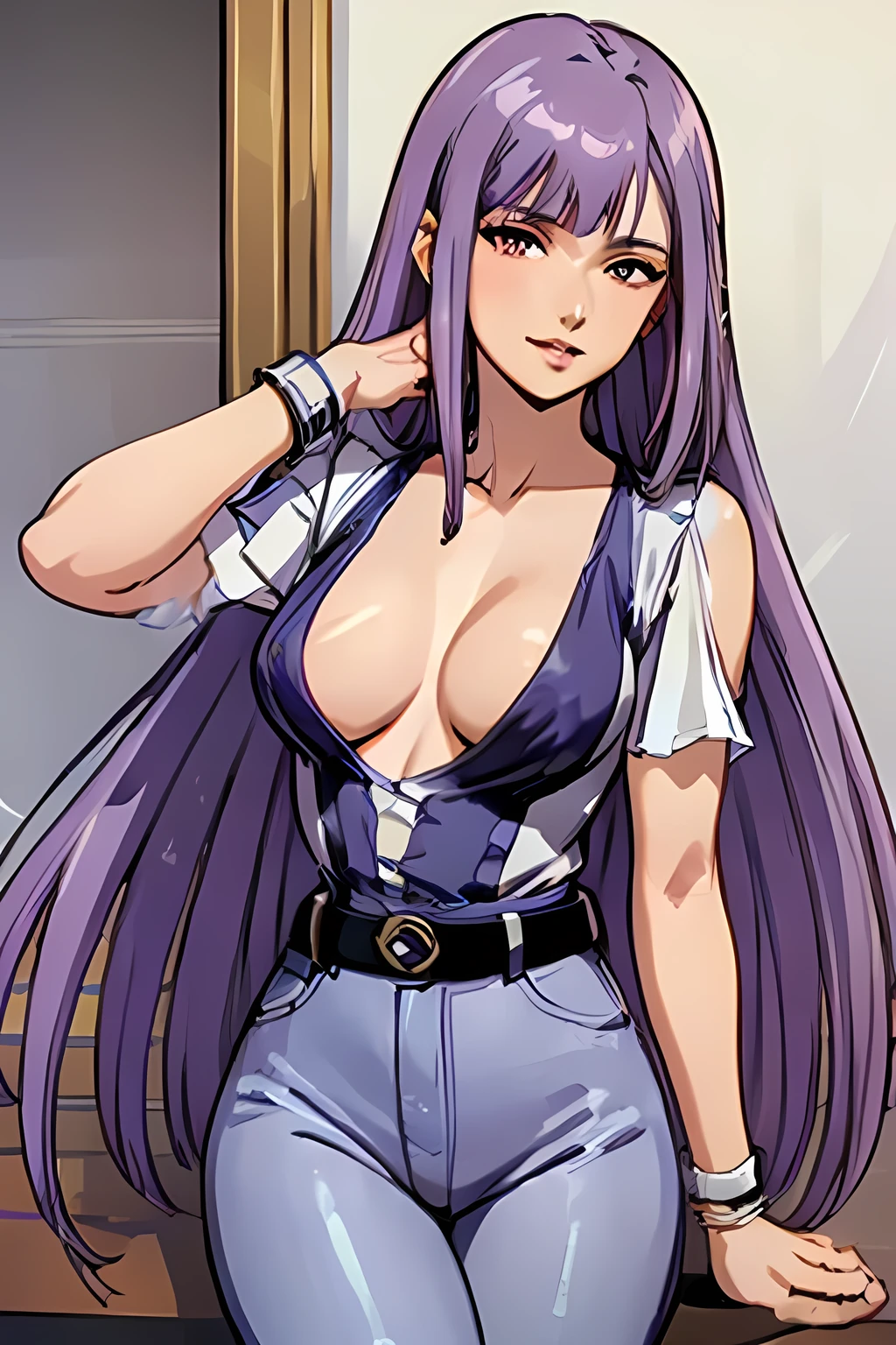 ((Masterpiece)) ((Portrait)) ((Young Woman)) ((Beautiful)) (((Small Breasts))) ((Thick Thighs)) ((purple Hair)) ((Long Hair)) ((brown Eyes)) ((Pale Skin)) ((Tight Jeans)) ((v neck blouse)) ((Full lips)) ((hooked nose)), smirking 