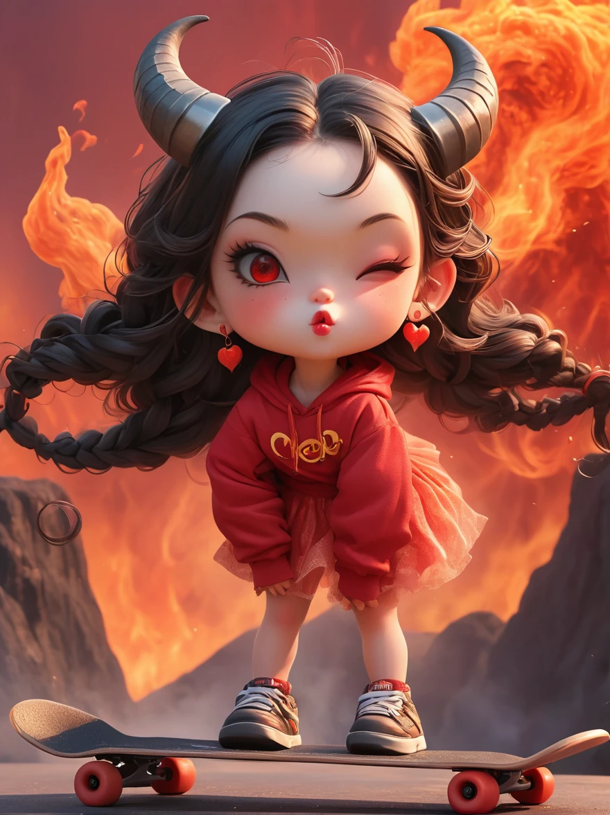 1 girl, demon whose body is made of lava,With menacing horns and crimson lava skin, strike a playful pose, Standing on a skateboard, (Close one eye:1.3), Red Eyes, Pouting cute little mouth, Swirling tendrils of smoke leave behind them,proudly, Volcanic magma background,The Abyss of Hell,Cartoon Style, full-body shot, Created with C4D and Blender, Blind box toy styles, Super Detail, Anatomically correct, masterpiece, precise