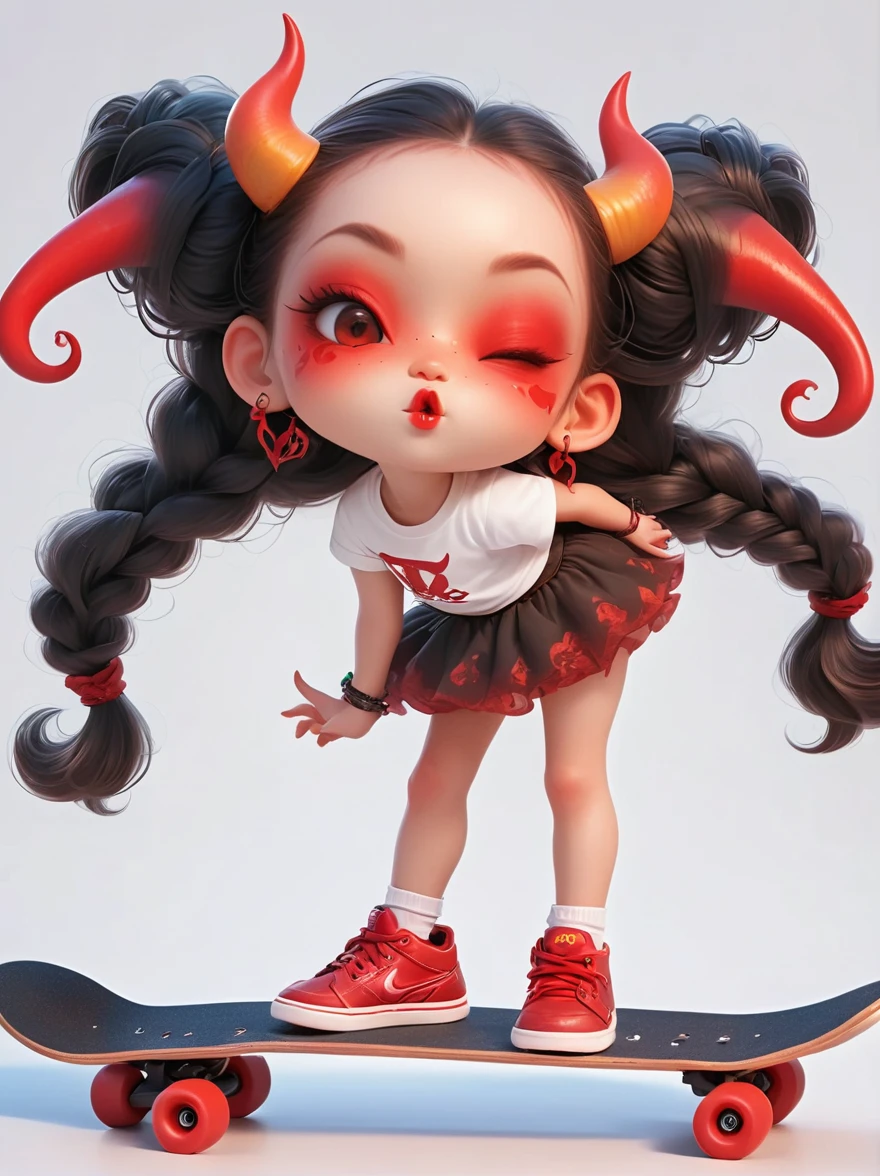 1 girl, demon whose body is made of lava,With menacing horns and crimson lava skin, strike a playful pose, Standing on a skateboard, (Close one eye:1.3), Red Eyes, Pouting cute little mouth, Swirling tendrils of smoke leave behind them,proudly, Volcanic magma background,The Abyss of Hell,Cartoon Style, full-body shot, Created with C4D and Blender, Blind box toy styles, Super Detail, Anatomically correct, masterpiece, precise