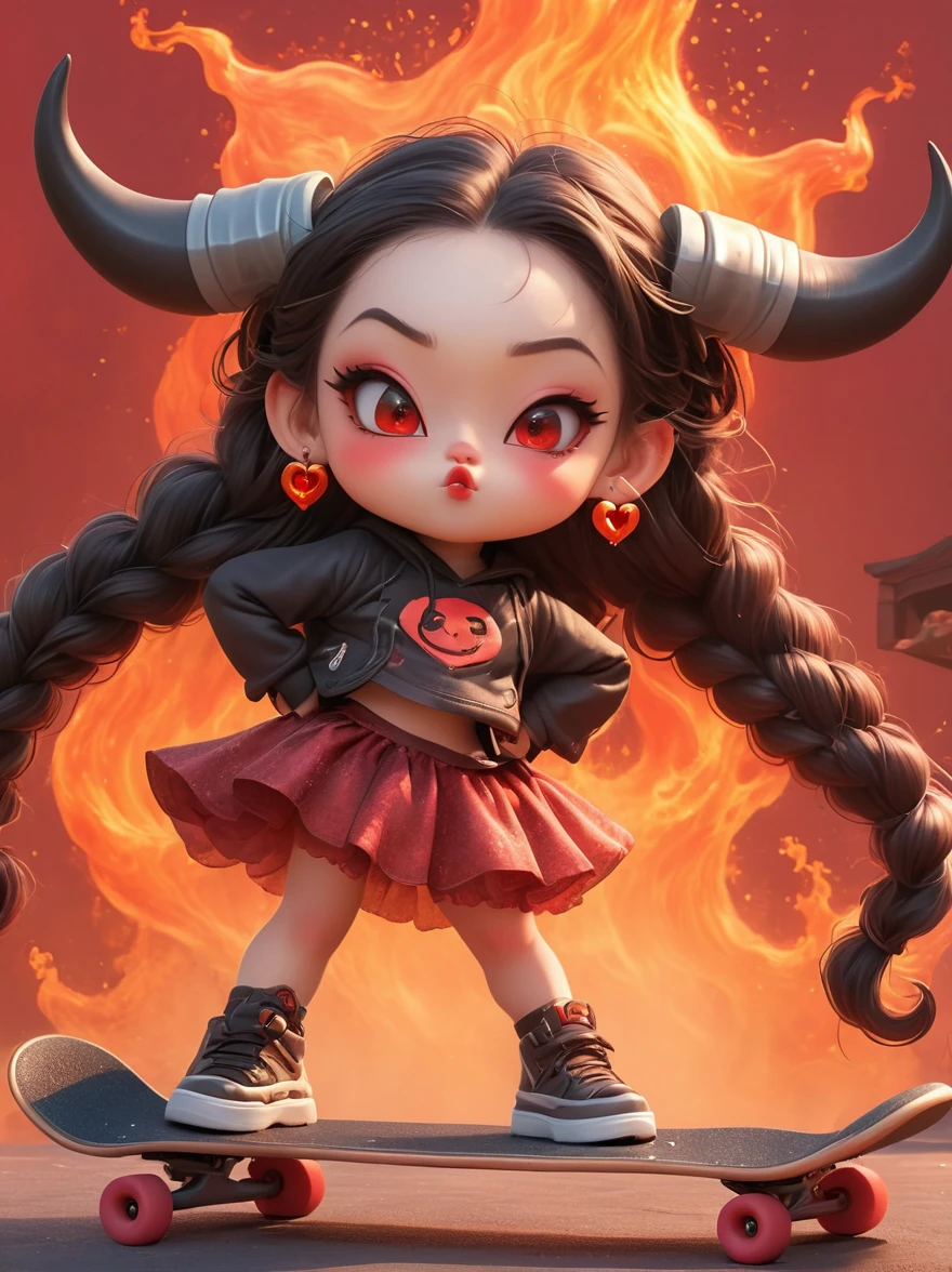 1 girl, demon whose body is made of lava，With menacing horns and crimson lava skin, strike a playful pose, Standing on a skateboard, (Close one eye:1.3), Red Eyes, Pouting cute little mouth, Swirling tendrils of smoke leave behind them，proudly, Volcanic magma background，The Abyss of Hell，Cartoon Style, full-body shot, Created with C4D and Blender, Blind box toy styles, Super Detail, Anatomically correct, masterpiece, precise