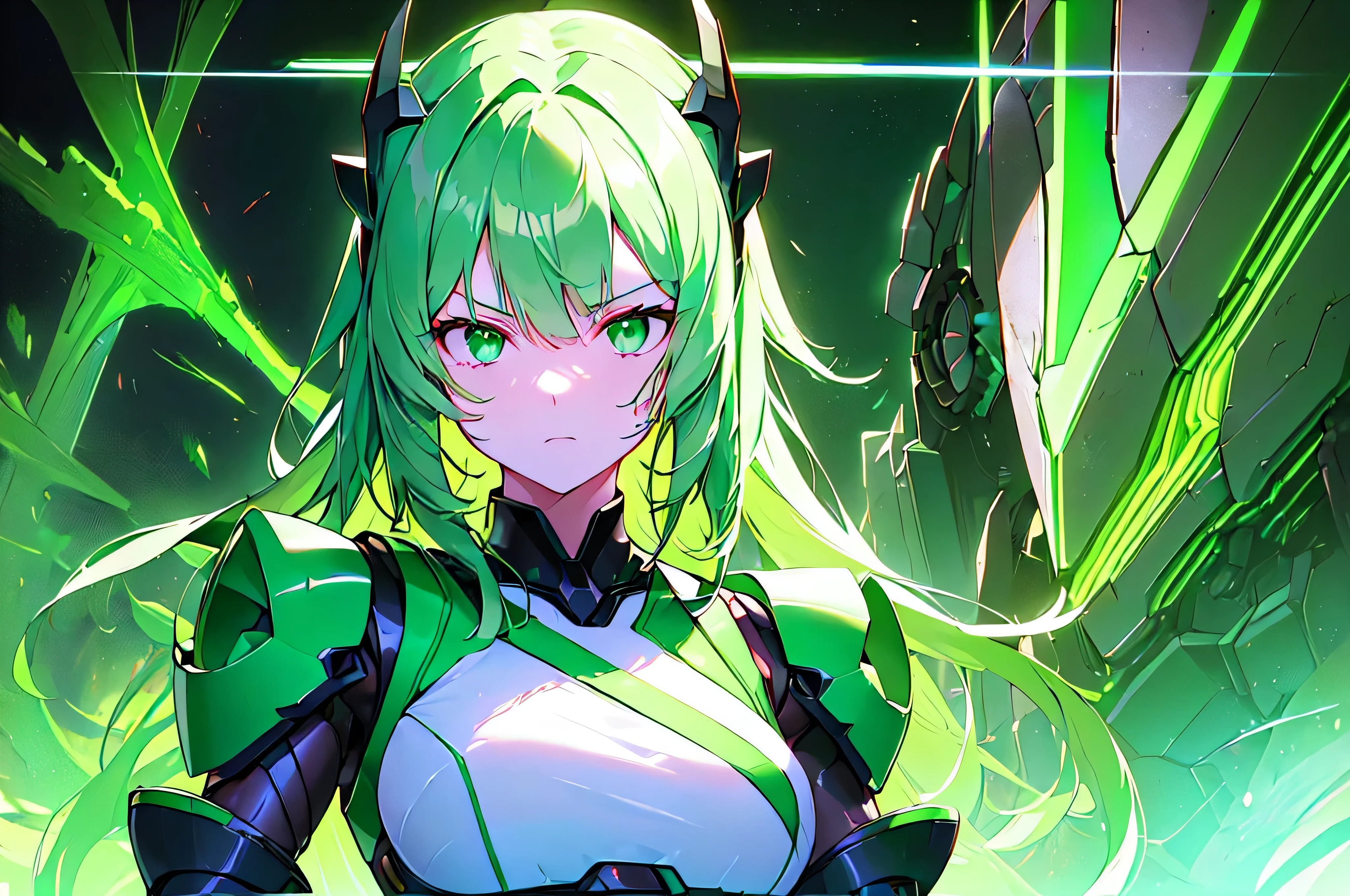 (((masterpiece))), (upper body), 1girl, solo, Green hair, long hair, Green eyes, (slant eyes), science fiction, (mecha musume:1.5), mechanical parts, headgear, doragon mechanical tails, ((mechanical Black dragon Armor)), Evil face, (((neon light green))), Anime style