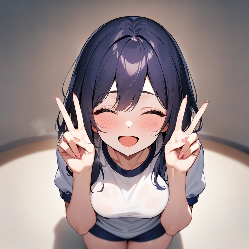nsfw,1 girl, dark bluehair,masterpiece,best quality,very aesthetic,absurdres,looking at viewer,front view,adult,out,Young,double v,Smile,closed eyes,happy,arm,open mouth,gym uniform