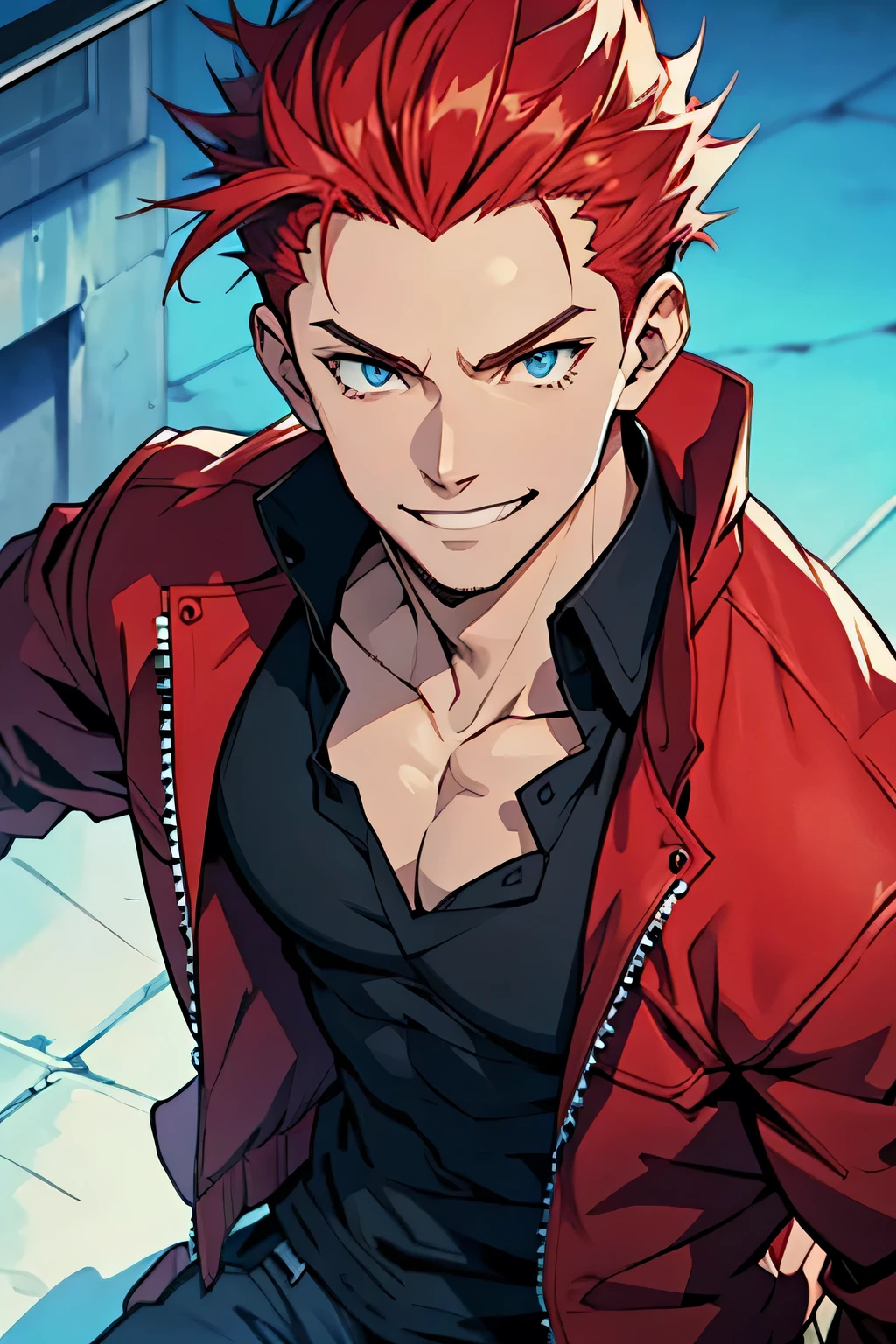 man, white skin, smile, strong, spiky red hair, anime style, style, blue eyes, slim, athletic, red jacket, black blouse