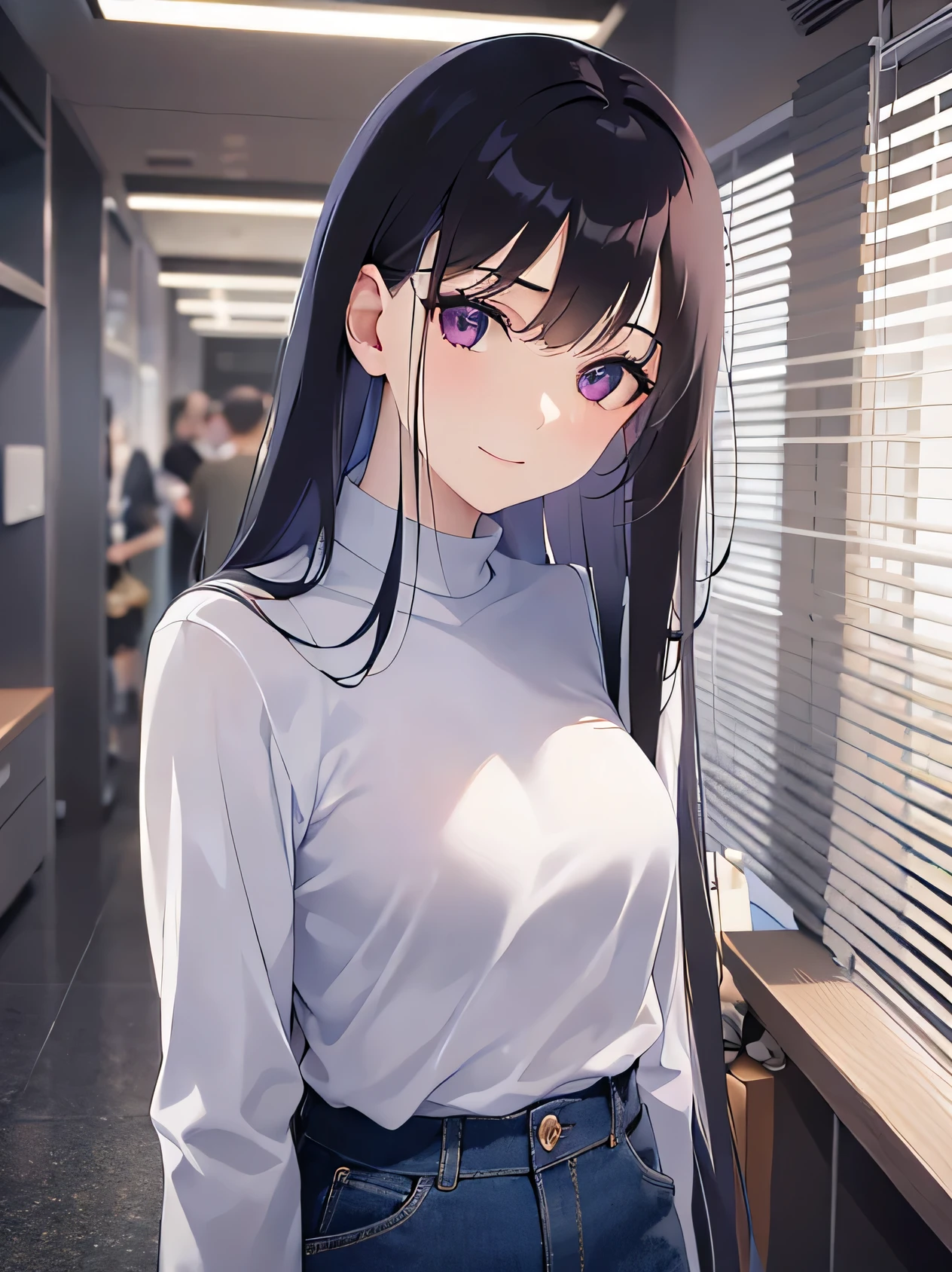Shooting from the front、cowboy shot、Real person, (Pale skin: 1.2), RAW Photos, Realistic, Shiny skin, Shiny Hair、(A 33-year-old woman with straight hair and bangs) and (medium hair) and (black hair) and (purple eyes) , (White turtleneck shirt)、 (smile)and(head tilt) The background is a company corridor、Alone