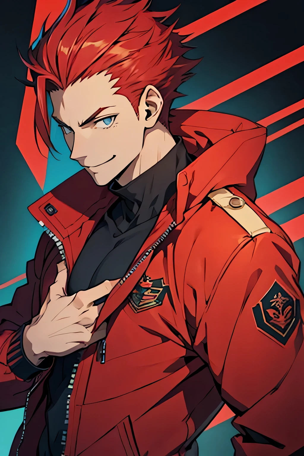 man, white skin, smile, strong, spiky red hair, anime style, style, blue eyes, slim, athletic, red jacket, black blouse