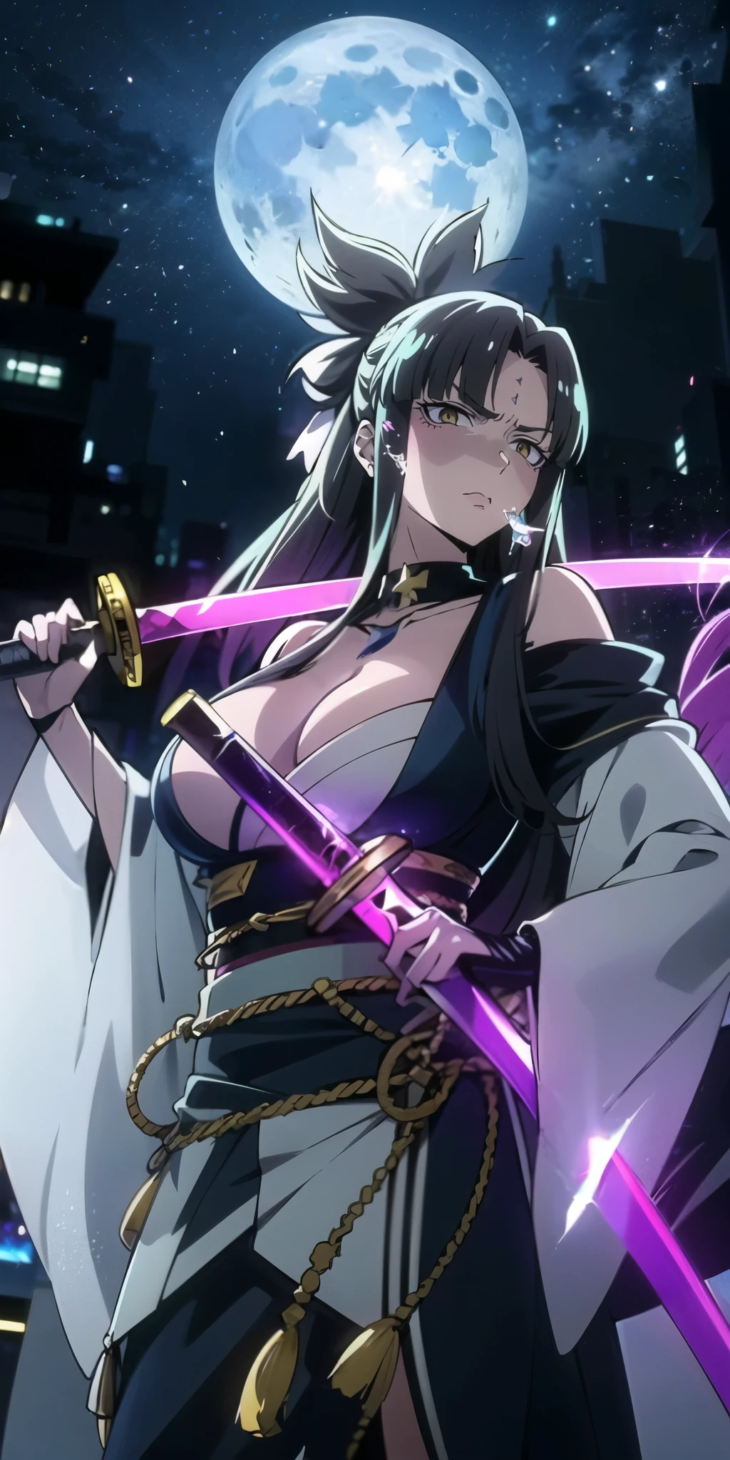 (long hair:1.3), (black hair:1.3), forehead, forehead mark, anatomically correct, heavy breathing, huge breasts, night, sword, weapon, 1girl, katana, night_sky, solo, japanese_clothes, sky, breasts, large_breasts, cleavage, wide_sleeves, sheath, earrings, star_(sky), over_shoulder, looking_at_viewer, detached_sleeves, moonlight, outdoors , michiko_tanaka_mahoushoujoniakogarete,michiko tanaka, (shaded face:1.2), hollow eyes, yellow eyes, looking at viewer, (heavy breathing:1.2), expressionless, glaring eyes, forehead mark, makeup, (anime coloring, anime screencap)