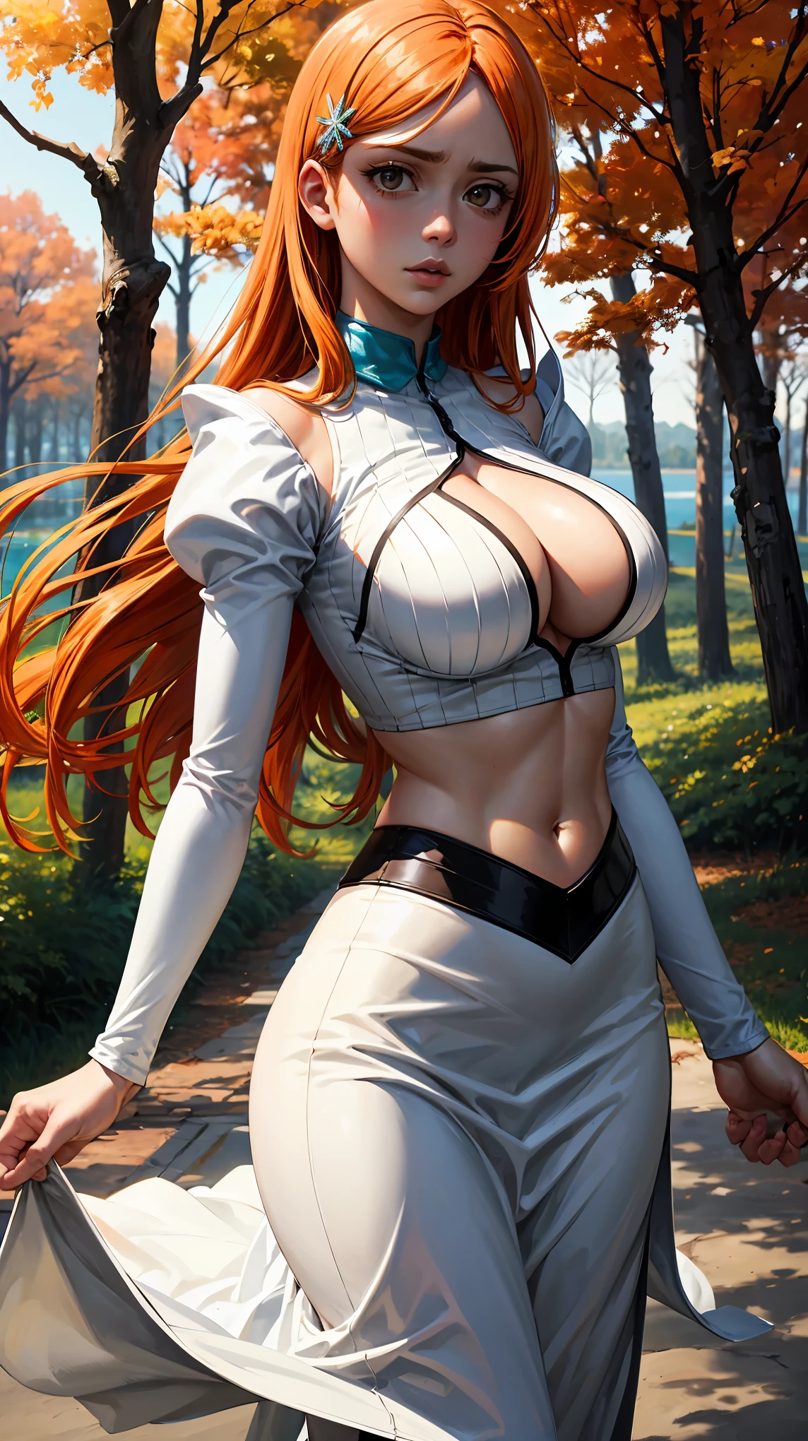 (masterpiece), best quality, expressive eyes, perfect face, serious, (cowboy shot), front view, brown eyes, orange hair, long hair, forest, fall, lake, sky, orihimedef, hair ornament, center opening, white dress, skirt, orihimedress, long sleeves, navel, midriff, detached sleeves