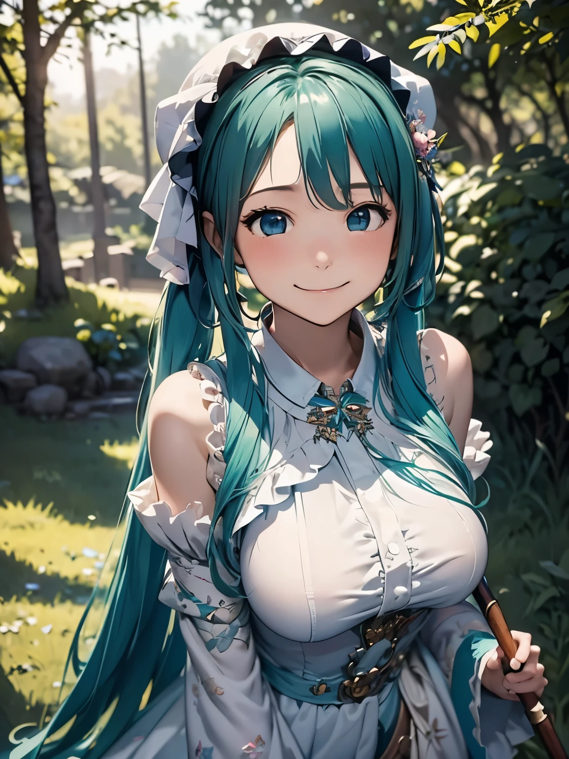 (masterpiece、highest quality、highest quality、Official Art、Beautiful and beautiful:1.2)、(One girl:1.3)Hatsune Miku、Twin tails,Big Breasts,masterpiece, highest quality, Lisa, hair ornaments, bonnet, Cowboy Shot, Upper Body, smile, View your viewers, Field, wood, Carrying a walking stick, Magic healing wand