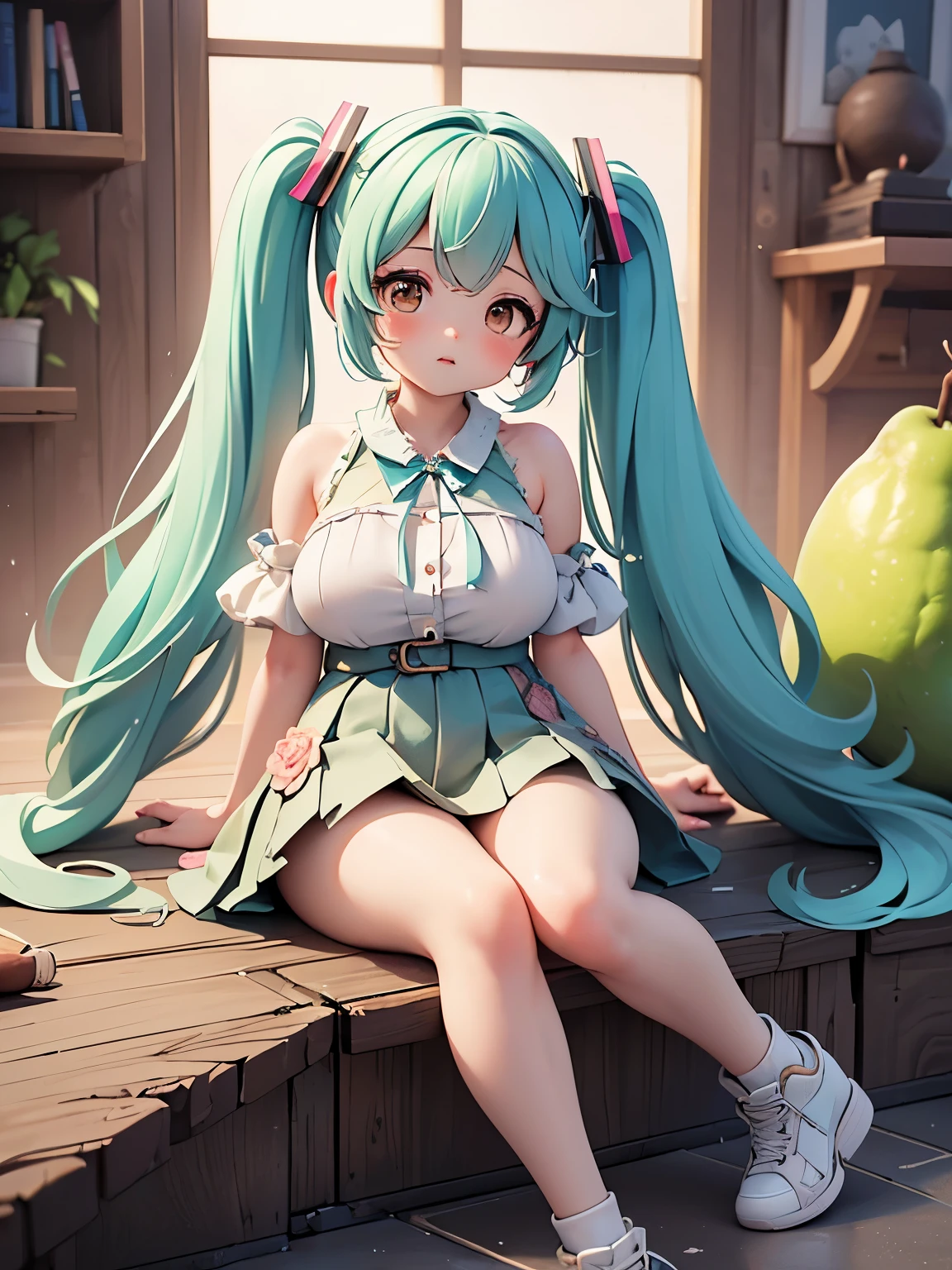 (masterpiece、highest quality、highest quality、Official Art、Beautiful and beautiful:1.2)、(One girl:1.3)Hatsune Miku、Twin tails,Big Breasts,(masterpiece, highest quality), 20-year-old women, Torn, gypsy, Brown eyes, Fleshy nose, smooth cheeks, Pear face shape, Toned calf muscles, , Auburn textured haircut, I'm happy wearing cargo overalls, One Shoulder Top, , Stretching pose, Raise your arms and stretch your body, Showing natural elegance and poise, Soft lighting, kind, Diffuse lighting that bathes characters in a warm, dreamy glow, Bright cafe, With the aroma of freshly brewed coffee and friendly conversation
