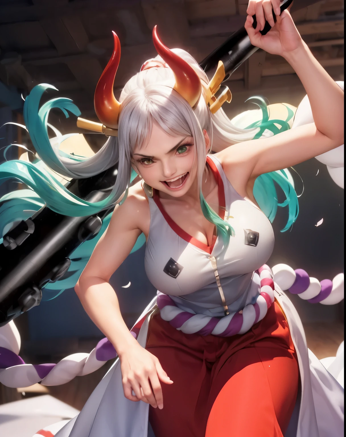 Masseter muscle area, highest quality, 超A high resolution, highest quality, Anime Style, Best lighting, Beautiful Face, one piece, Yamato, (One girl:1.3), Red eyes, White and green gradient hair, Long Hair, ponytail, Witch Costume, No sleeve, Sleeveless, Red too, big rope on the back, The best smile, Laughing with your mouth open, huge , Sideways Breasts, Red and yellow corners, Clear Eyes, A sharp face, Carrying a metal rod, Unity 8K Wallpaper, (Beautiful fine details:1.4), Highly detailed face, Perfect lighting, (Perfect hands, Perfect Anatomy)