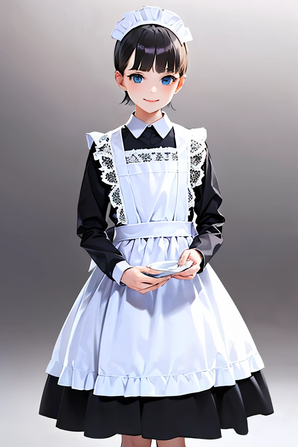 ((1 beautiful girl)), ((alone:1.3)),((Blunt bangs)),((Black Hair)),((blue eyes)), ((Shoulder-length hair:1.2,short hair)),, ((A gentle smile)), ((White Background:1.3)),((Have a look at this)),((cowboy shot)), maid costume, traditional maid