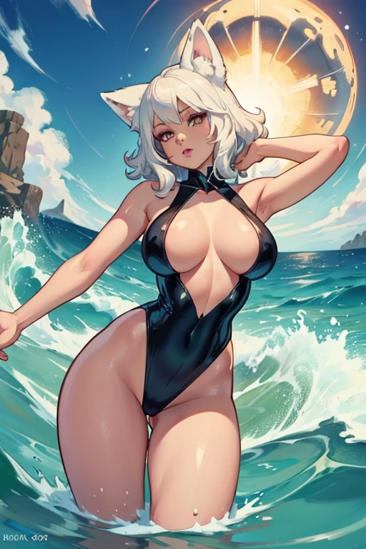 A white haired woman with copper eyes with an hourglass figure with white fox ears and a white fox tail wearing a one piece swimsuit is splasying in the waves