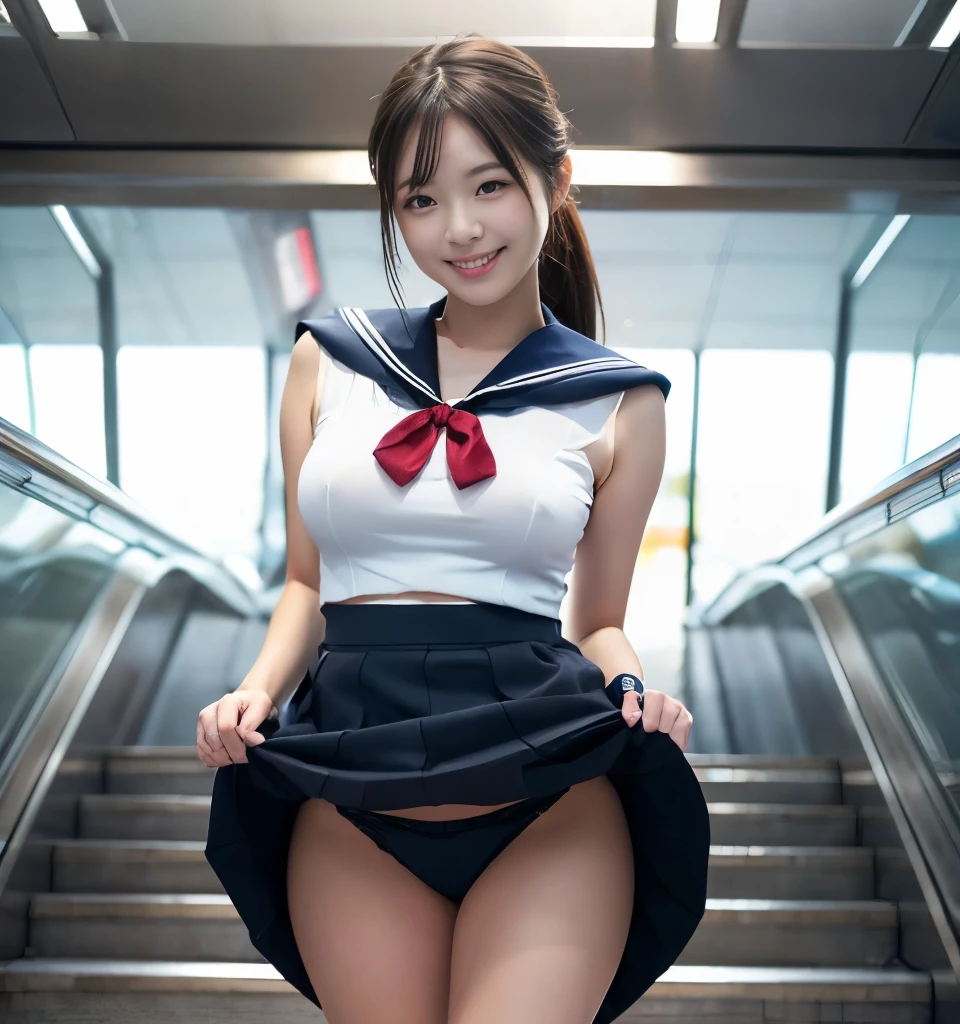((escalator))、lewd smile、(Realistic、Realistic:1.37)、(masterpiece)、(highest quality:1.4)、(超A high resolution:1.2)、(RAW Photos:1.2)、(Sharp focus:1.3)、(stand:1.2)、elegant、(Whole Body Ezbian:1.2)、(Dressed in an elaborate sailor suit and pleated skirt:1.3)、Cute Japanese、(smile:1.3)、 Brown haired、ponytail、 Short pleated skirt、
(Big Breasts:1.2), escalatorの下から撮影、Beautiful and delicate eyes、 View your audience、escalatorの最下段から見上げるアングルで撮影、Secretly photographing underwear under a skirt、An unpleasant sight:1.6