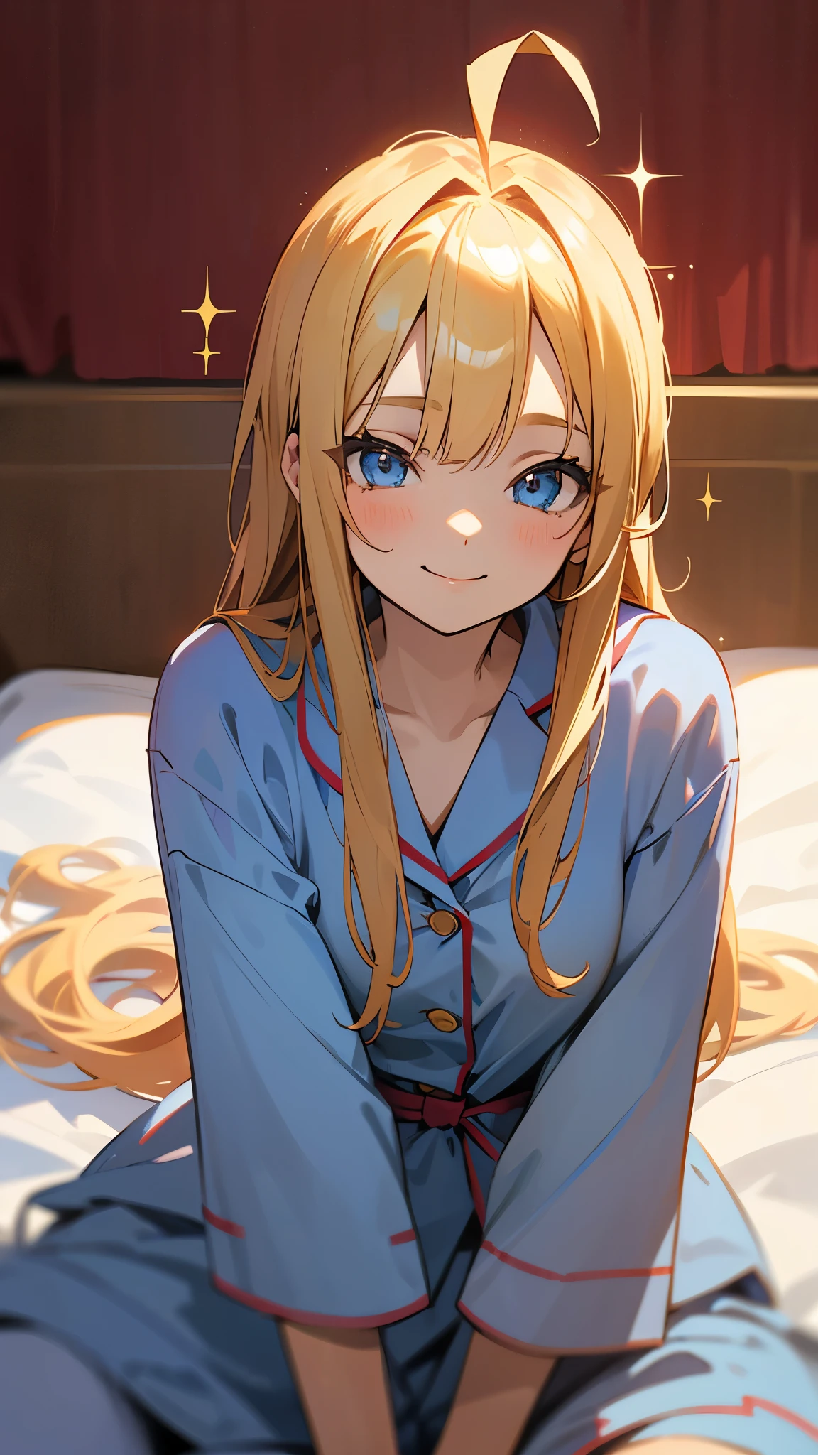 18-year-old girl sitting on bed、alone、Split seat、Anime style painting、Wearing pajamas、String Maki, hairpin, blonde, Long Hair, (Sparkling blue eyes)、Ahoge、smile、smile、The soft texture of pajamas、Upper body close-up、Red and blue based colors、Background Blur、Depth of the drawn border