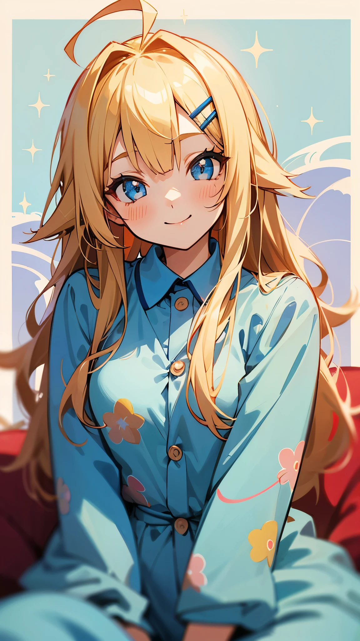 18-year-old girl sitting on bed、alone、Split seat、Anime style painting、Wearing pajamas、String Maki, hairpin, blonde, Long Hair, (Sparkling blue eyes)、Ahoge、smile、smile、The soft texture of pajamas、Upper body close-up、Red and blue based colors、Background Blur、Depth of the drawn border