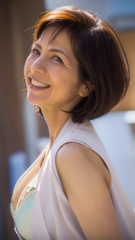 62 years old, (mature: 1.2), seductive appearance, green eyes, (many wrinkles on face: 1.4), 62 years old, top quality, realistic, super detailed, fine, high resolution, wallpaper 8k screen, one beautiful woman, (Japanese mature woman working in a hospital), (Inside the hospital), (clear background), (A white coat that fits your body perfectly: 1.2), (Lines of underwear are visible: 1.2), nurse sandals, sharpness, perfect dynamic composition, detailed and beautiful eyes, fine hair, detailed and realistic skin texture, smile, Portrait from the waist up, model's figure, complete description from the body, glamorous body, (standing figure, whole body portrait: 1.4), (low angle: 1.4),