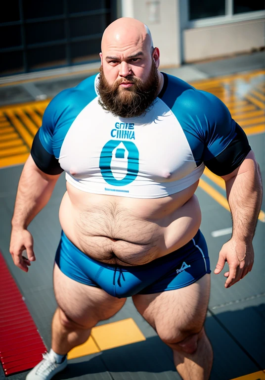 (Aerial view),dynamic angle,ultra-detalhado, illustration, ), Only huge plump morbid thighs extremely thick. He is bald and has a long beard with some gray hairs.. Ele veste camiseta regata de time de basquete. Homem abrindo o seu longo casaco e mostrando seu corpo usando apenas short. He's not wearing a shirt. ( Ultra realistic eye pupil and iris, detalhado. ) Training scenario in the weight training gym.
