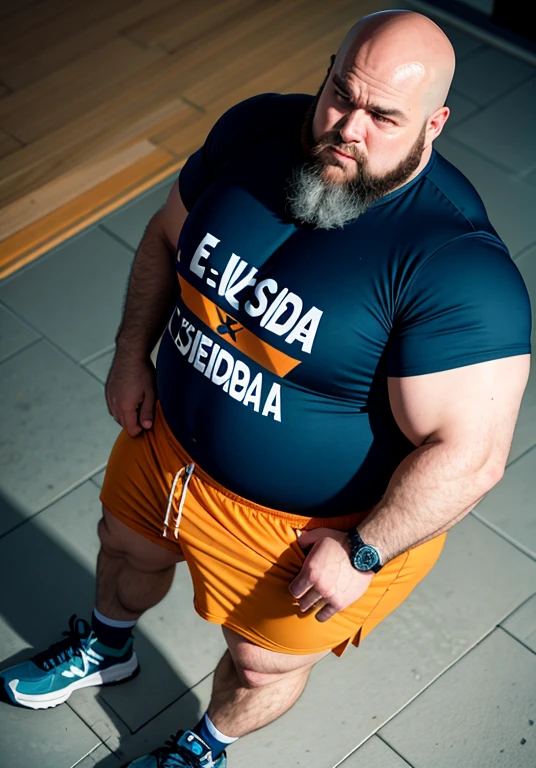 (Aerial view),dynamic angle,ultra-detalhado, illustration, ), Only huge plump morbid thighs extremely thick. He is bald and has a long beard with some gray hairs.. Ele veste camiseta regata de time de basquete. Homem abrindo o seu longo casaco e mostrando seu corpo usando apenas short. He&#39;s not wearing a shirt. ( Ultra realistic eye pupil and iris, detalhado. ) Training scenario in the weight training gym. 