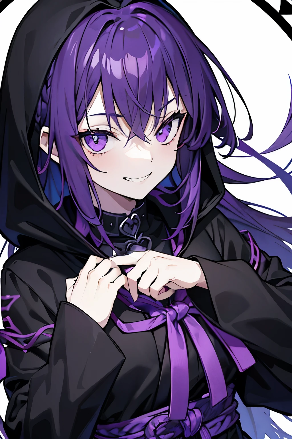 Gothic　Bitter smile, confusion　dark purple hair　Belt on torso　Black hood　Character portrait　whole body　Japanese anime hand drawn illustration