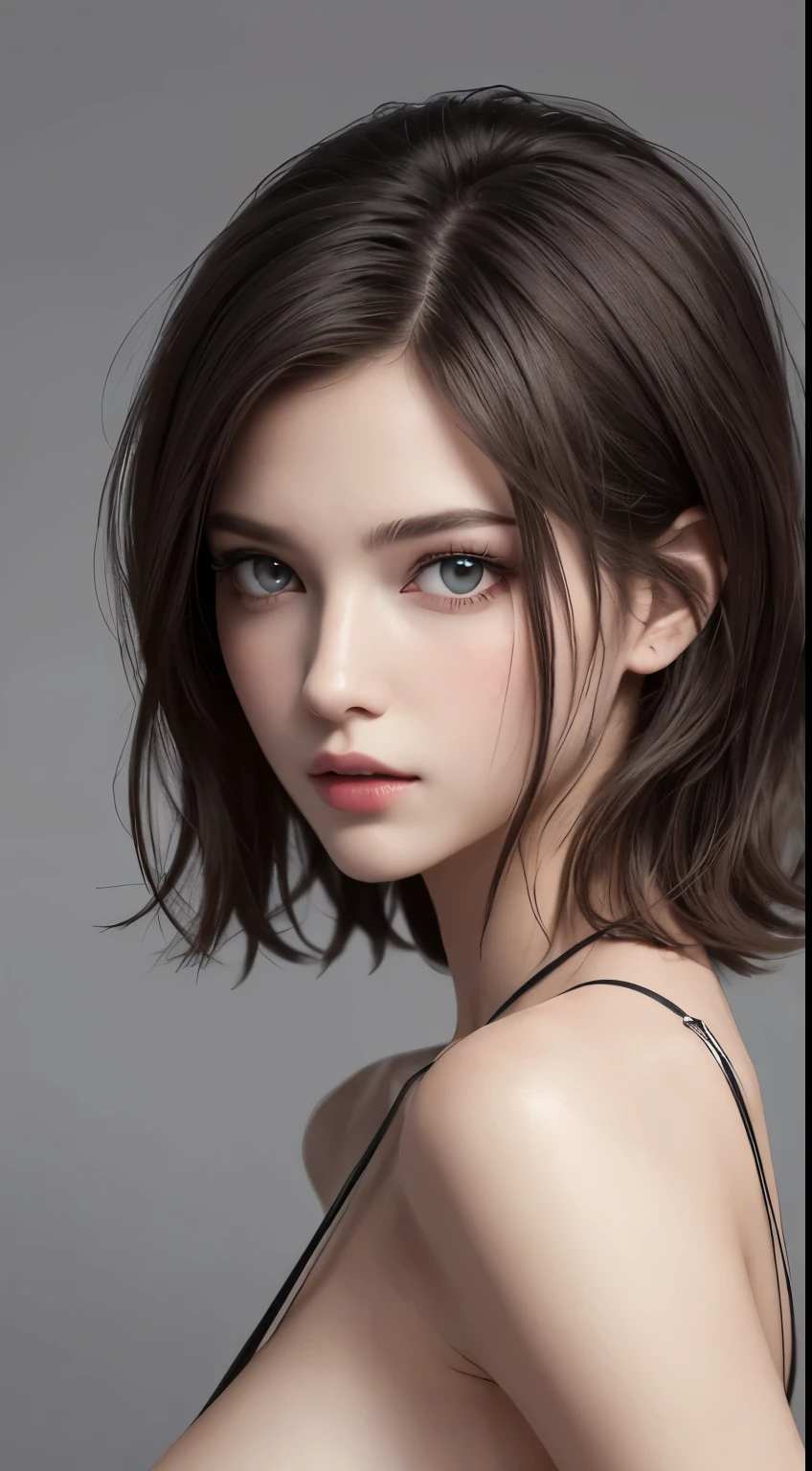 8K uhd、RAWphotograph、Model photo shoot、 European race、(masterpiece、highest quality、Photorealistic、High resolution、photograph:1.3)、Close-up、Focusing、Hot Model、slim、30 year old mature woman、Small face、No makeup、Short Hair、Dark Brown Hair、Fine beautiful eyes、Real Skin、(perfect body)、Detailed beautiful eyes、Glossy lips、Small breasts、Small breasts、Bust B cup、Realistic details、Cool beauty、Cool pose、Background gray、Plain grey background、