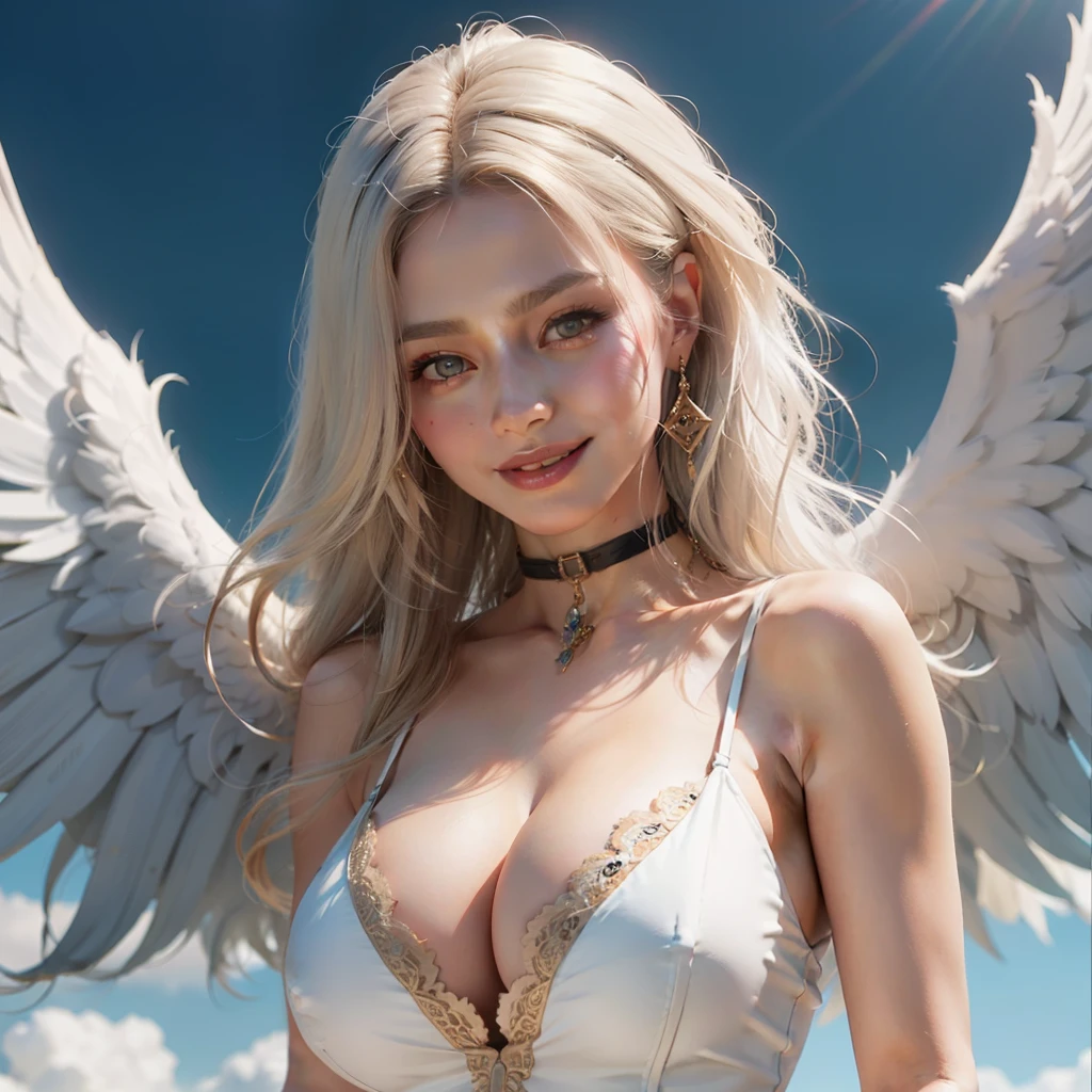 Mercy from Overwatch, angel wings on her back, messy hair blowing in wind, nude, wide stance, arms wide open, lighting and background is bright realistic style, with high attention to detail and sharp focus. The colors are vivid and contrasted, with a slight desaturation. The lighting is dramatic, with shadows and highlights enhancing the overall composition. The medium used is a digital illustration, with a touch of photo-realistic elements to add depth and texture to the image. The final result is a masterpiece in ultra-high resolution, showcasing the intense and raw nature of Mercy's character.