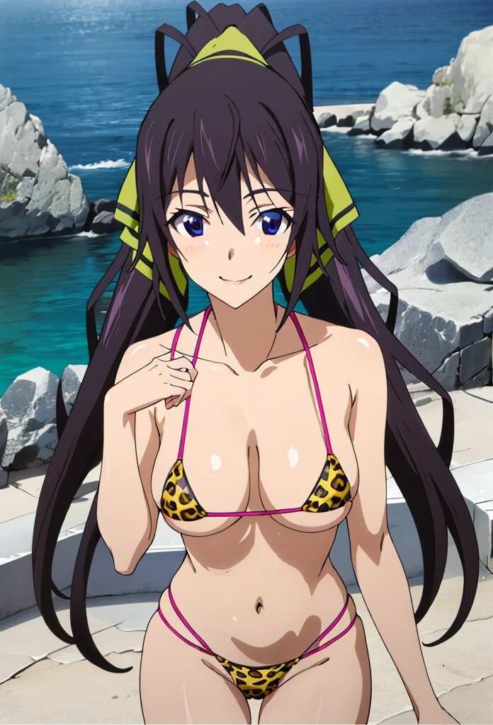 (masterpiece, 4K, highest quality, anime style: 1.9, Detailed face, Lovely, Ocean,Bold Line, High resolution, anime, Lake 4. alone, Curvaceous, Thighs, Cleavage, Medium Chest, smile, Please open your mouth wide, Very slim belly, Cowboy Shot, Leopard print micro bikini,1 girl,   Very long hair, Black Hair, High Ponytail, Split Ponytail, Hair Ribbon, White ribbon