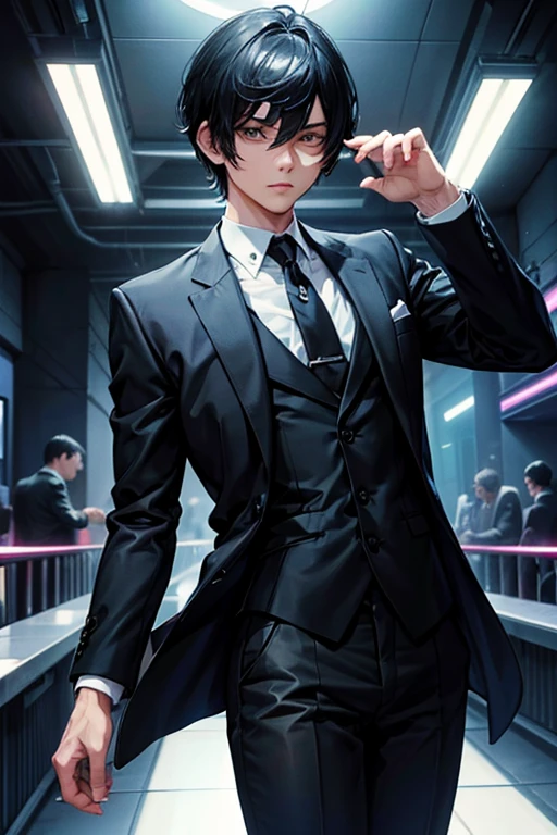 1male,solo,cool,fantastic,black hair and short hair,suit,mafia's boss,in party, Glittering,dark,