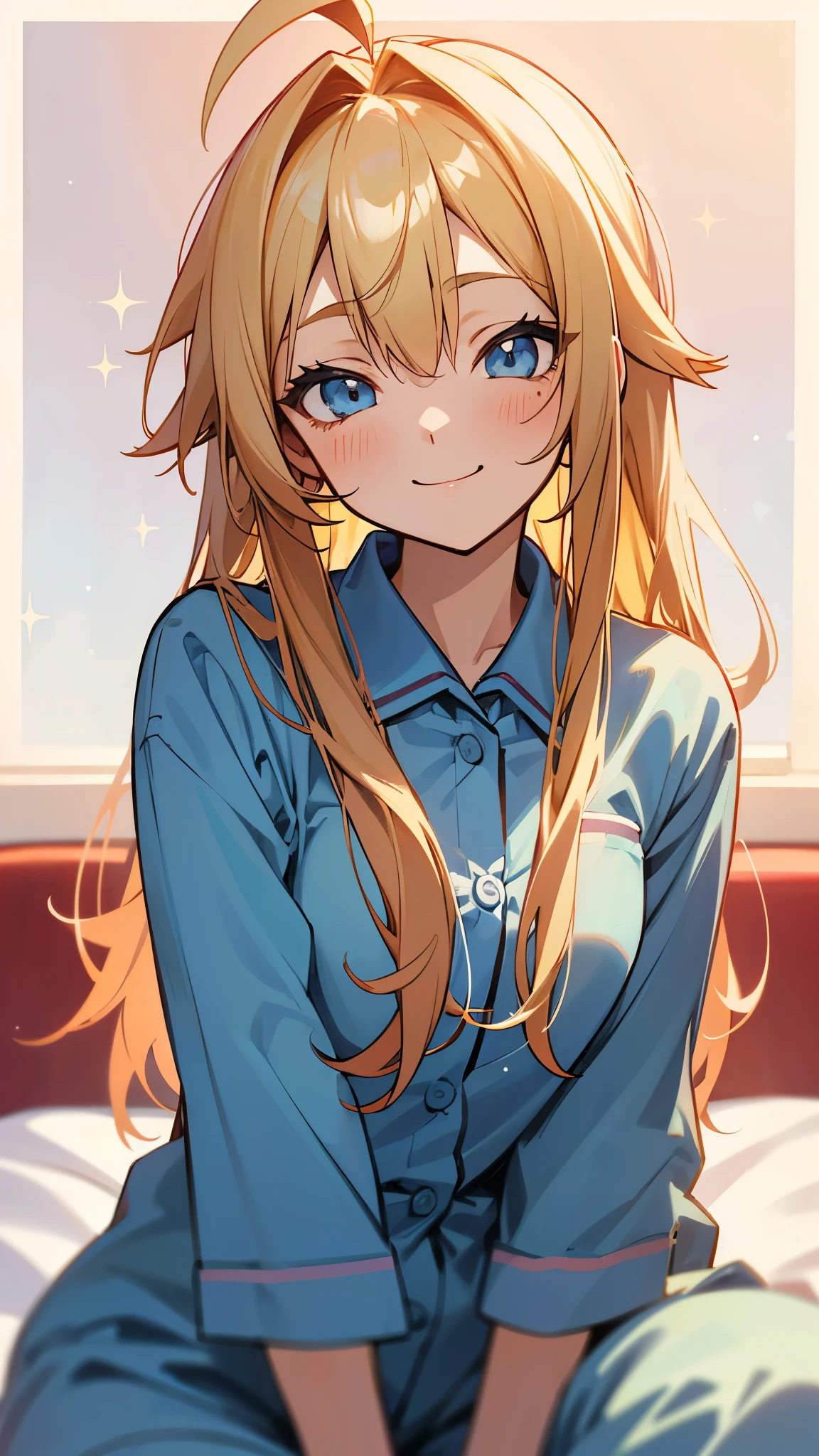 18-year-old girl sitting on bed、alone、Split seat、Anime style painting、Wearing pajamas、String Maki, hairpin, blonde, Long Hair, (Sparkling blue eyes)、Ahoge、Ahoge、smile、smile、The soft texture of pajamas、Upper body close-up、Red and blue based colors、Background Blur、Depth of the drawn border