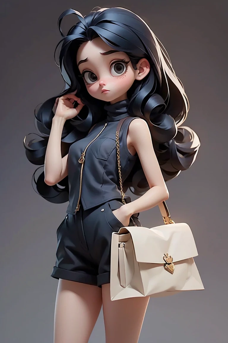 (masterpiece, best quality), 1 Girl, Black silky long, straight hair,Black eyes,No curly hair,Vertical hair, Small Breasts, Dark blue flowing silhouette turtleneck sleeveless vest. and linen short paper bag shorts, only, Stand with your hands in your pockets, Staring into the distance curiously.