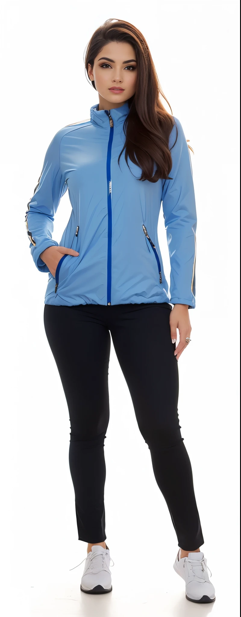a woman in a Jaqueta azul and black pants posing for a picture, harmony Jaqueta azul, Jaqueta azul, mulher exploradora com capuz, roupas casuais modernas, roupas de caminhada, Hodie Mihi Cras Tibi, foto completa do produto, roupas esportivas, fotografia de roupas, roupas esportivas, Foto promocional, wearing Jaqueta azul, wearing a Jaqueta azul, foto oficial do produto, maxar