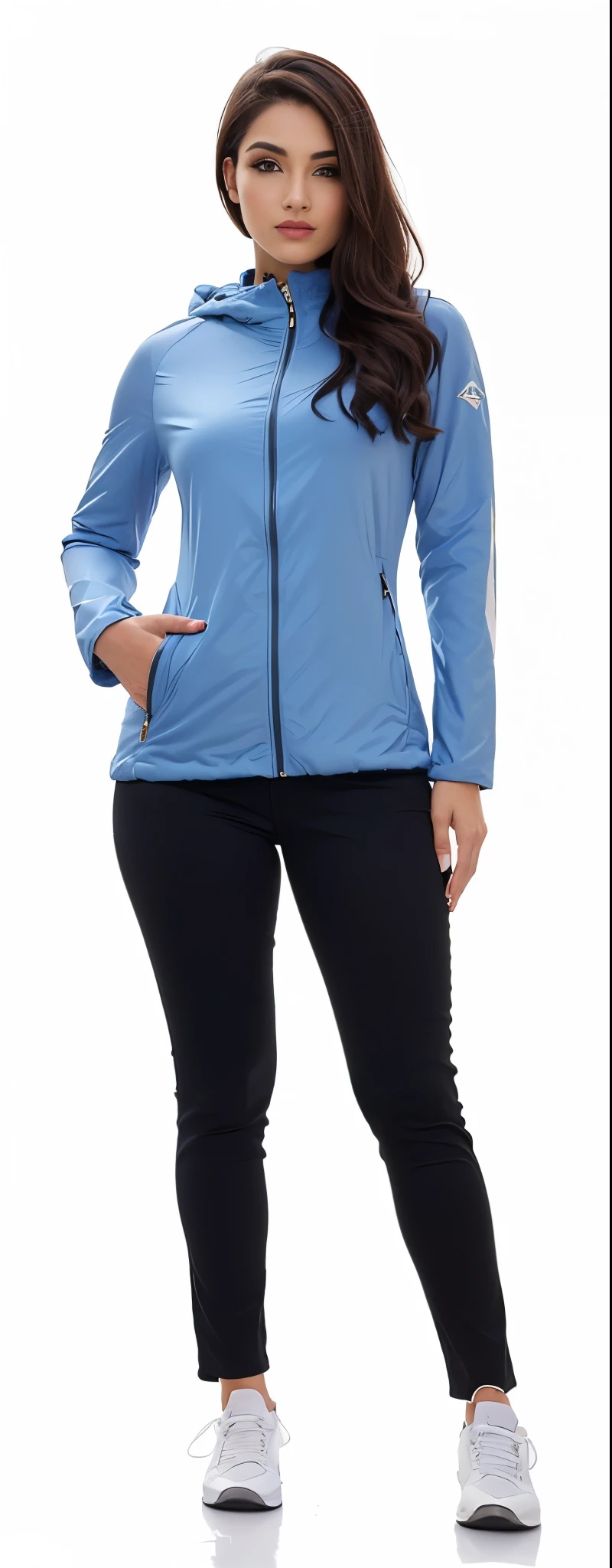 a woman in a Jaqueta azul and black pants posing for a picture, harmony Jaqueta azul, Jaqueta azul, mulher exploradora com capuz, roupas casuais modernas, roupas de caminhada, Hodie Mihi Cras Tibi, foto completa do produto, roupas esportivas, fotografia de roupas, roupas esportivas, Foto promocional, wearing Jaqueta azul, wearing a Jaqueta azul, foto oficial do produto, maxar