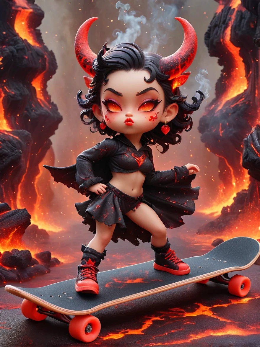 1girl, demon whose body is made of lava，With menacing horns and crimson lava skin, strike a playful pose, Standing on a skateboard, (Close one eye:1.3), Red Eyes, Pouting cute little mouth, Swirling tendrils of smoke leave behind them，proudly, (Volcanic magma background)，(The Abyss of Hell)，Cartoon Style, full-body shot, Created with C4D and Blender, Blind box toy styles, Super Detail, Anatomically correct, masterpiece, precise