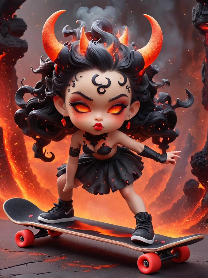 1girl, demon whose body is made of lava，With menacing horns and crimson lava skin, strike a playful pose, Standing on a skateboard, (Close one eye:1.3), Red Eyes, Pouting cute little mouth, Swirling tendrils of smoke leave behind them，proudly, (Volcanic magma background)，(The Abyss of Hell)，Cartoon Style, full-body shot, Created with C4D and Blender, Blind box toy styles, Super Detail, Anatomically correct, masterpiece, precise