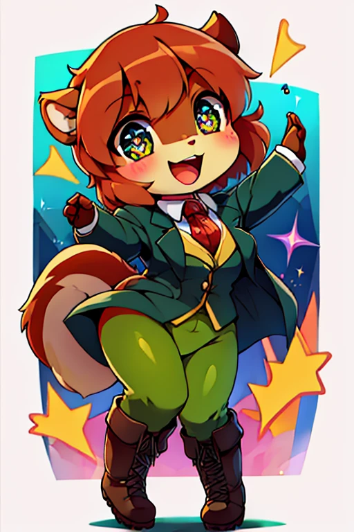 boy, squirrel, furry, bodyfur, blazer, bottomless, green tights, gloves, boots, chibi, sparkling eyes, idol, dancing, singing