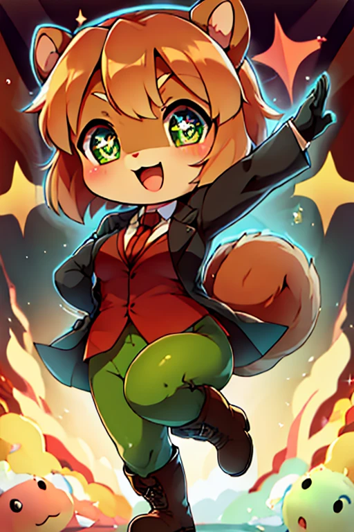boy, squirrel, furry, bodyfur, blazer, bottomless, green tights, gloves, boots, chibi, sparkling eyes, idol, dancing, singing