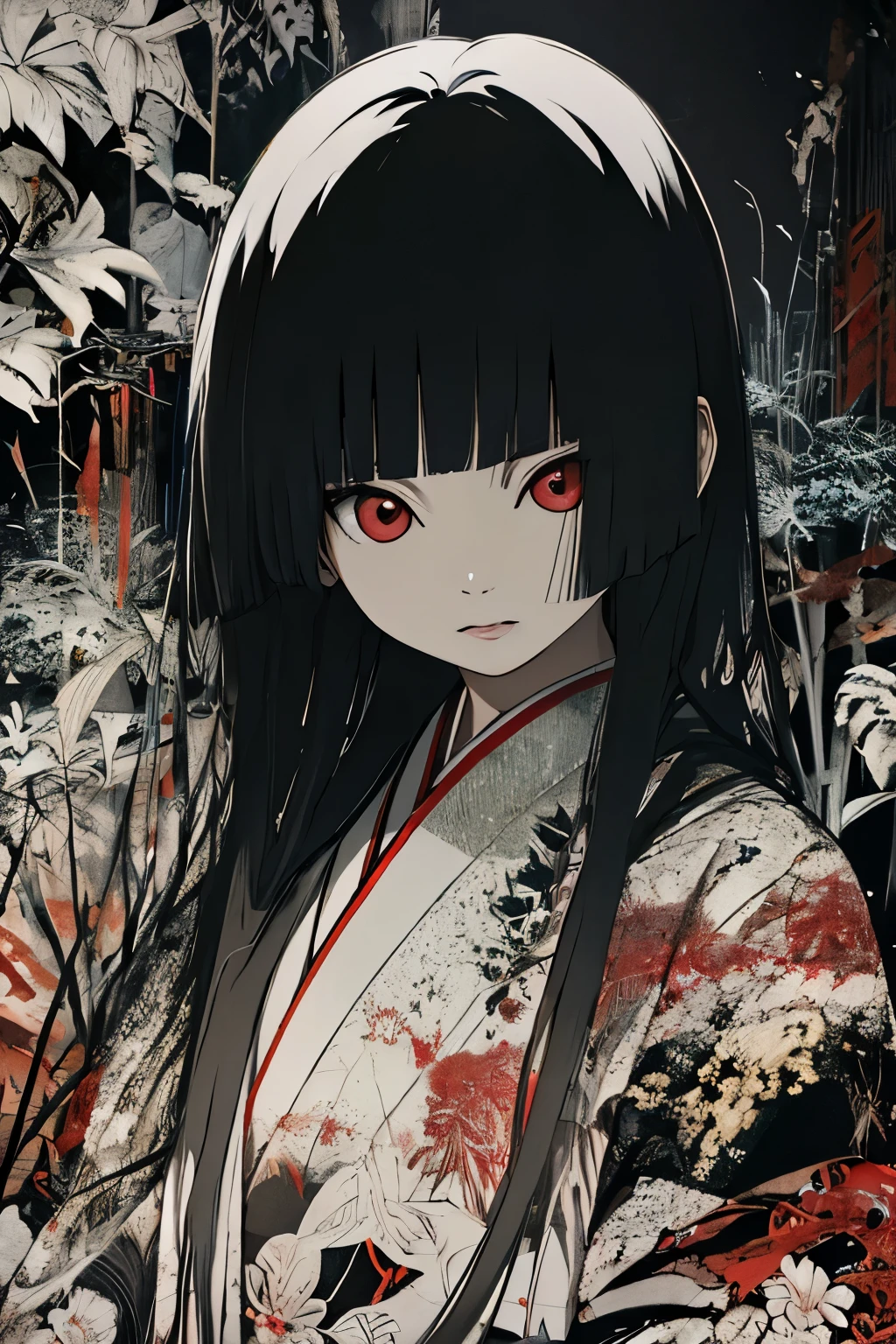 Red spider lily, Enma Ai, Let your hair down, Hair is black, bangs, Red eyes, masterpiece, highest quality, Very detailed, figure, One girl, alone, High resolution, Realistic, 超High resolution, (Original figure composition), (Limited edition color fusion,Maximalism art style, kimono fashion, Double Exposure, Background Black