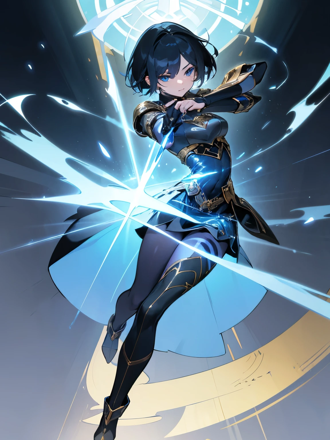 An adult woman, short black hair, blue eyes, wearing black boots with golden stripes, reminiscent of rays of light, ending in a 'V' pattern at the shin. She sports black stockings overlaid by an indigo-tinted silver knee guard. A metallic skirt of the same hue shields her waist, linked to a chest plate intricately carved in light blue and gold, featuring a shimmering cobalt stone at its center. Her shoulders are bare, revealing unarmored biceps but covered by a black garment extending up to the neck. Her forearms are wrapped in metallic bracelets that double as gloves, with cobalt rings interlacing her fingers, adding detail to the glove. Web novel Style.