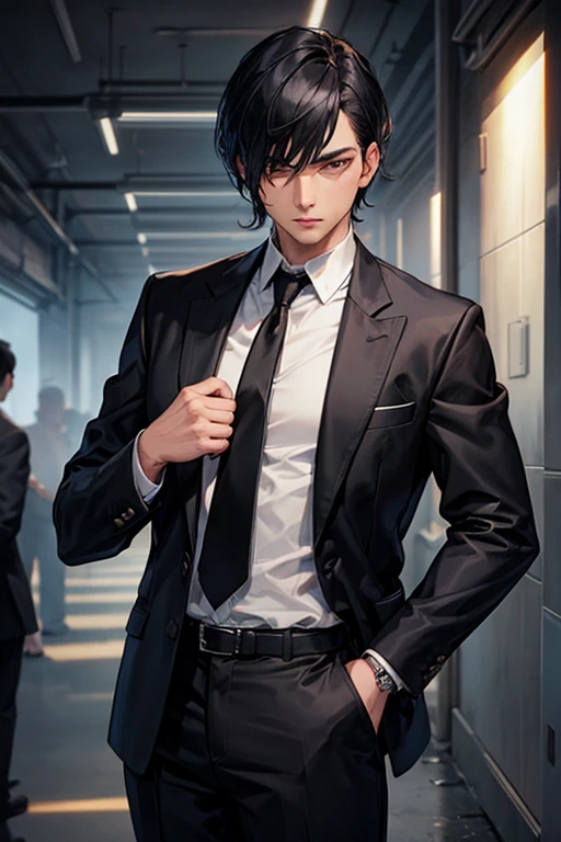 1male,solo,cool,black hair and short hair,suit,mafia's boss,smoke,in party,dark