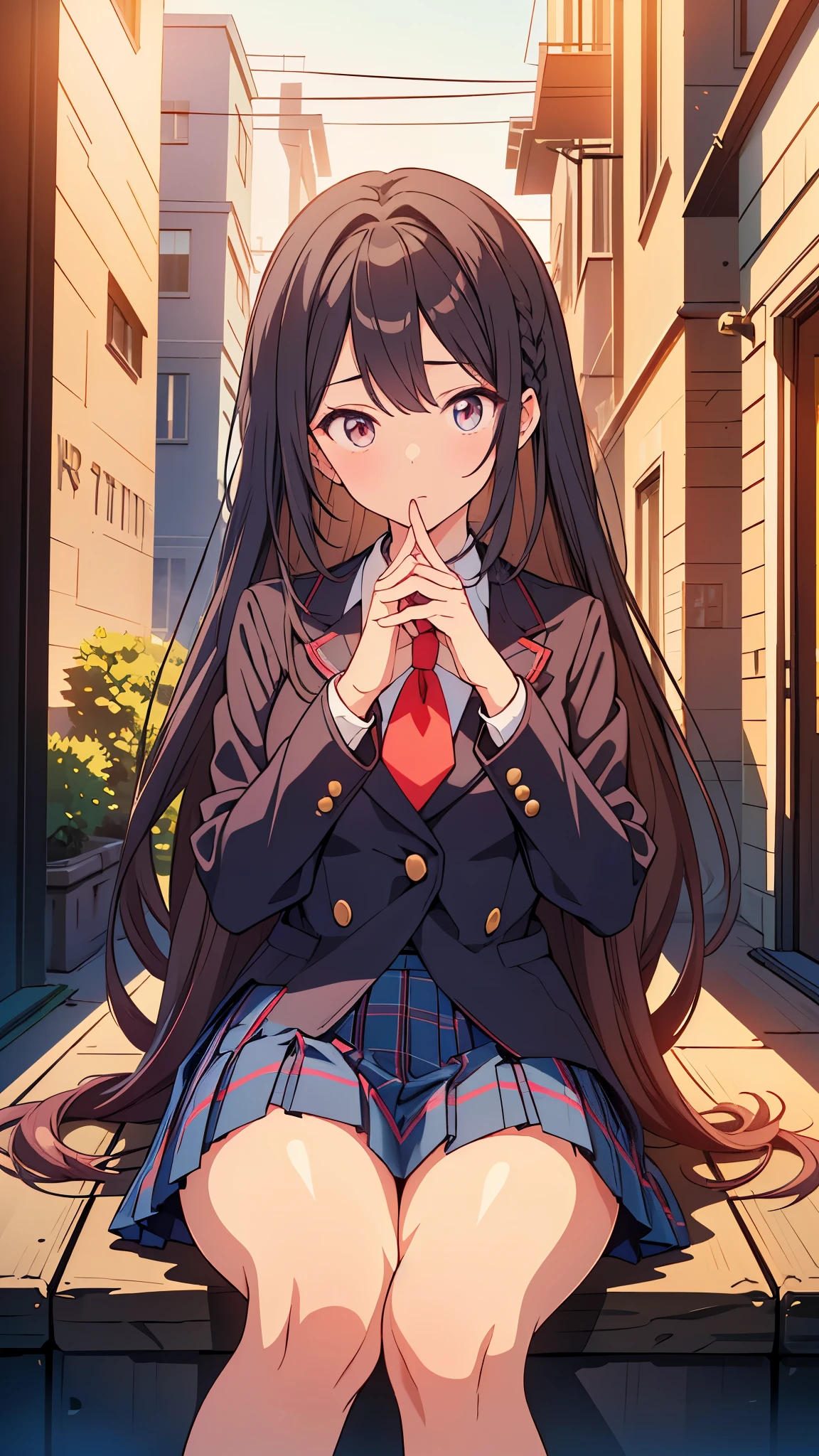 (highest quality:1.2, Anime artwork, Anime Style, Studio Anime, Very detailed, up to date, Vibrant, Anime Coloring, High Contrast, masterpiece:1.2, highest quality, Best aesthetics), blue plaid pleated skirt:1.5, Red tie:1.5, Black blazer, (Private School Uniforms), Beautiful thighs, Black Stockings, Gradient Hair, Long hair braided low, Perfect body line, Skin with attention to detail, cute, Detailed face, Sitting, Open your hands, alley, stage, Accurate Fingers, evening, Illuminated by the setting sun, Soft lighting,