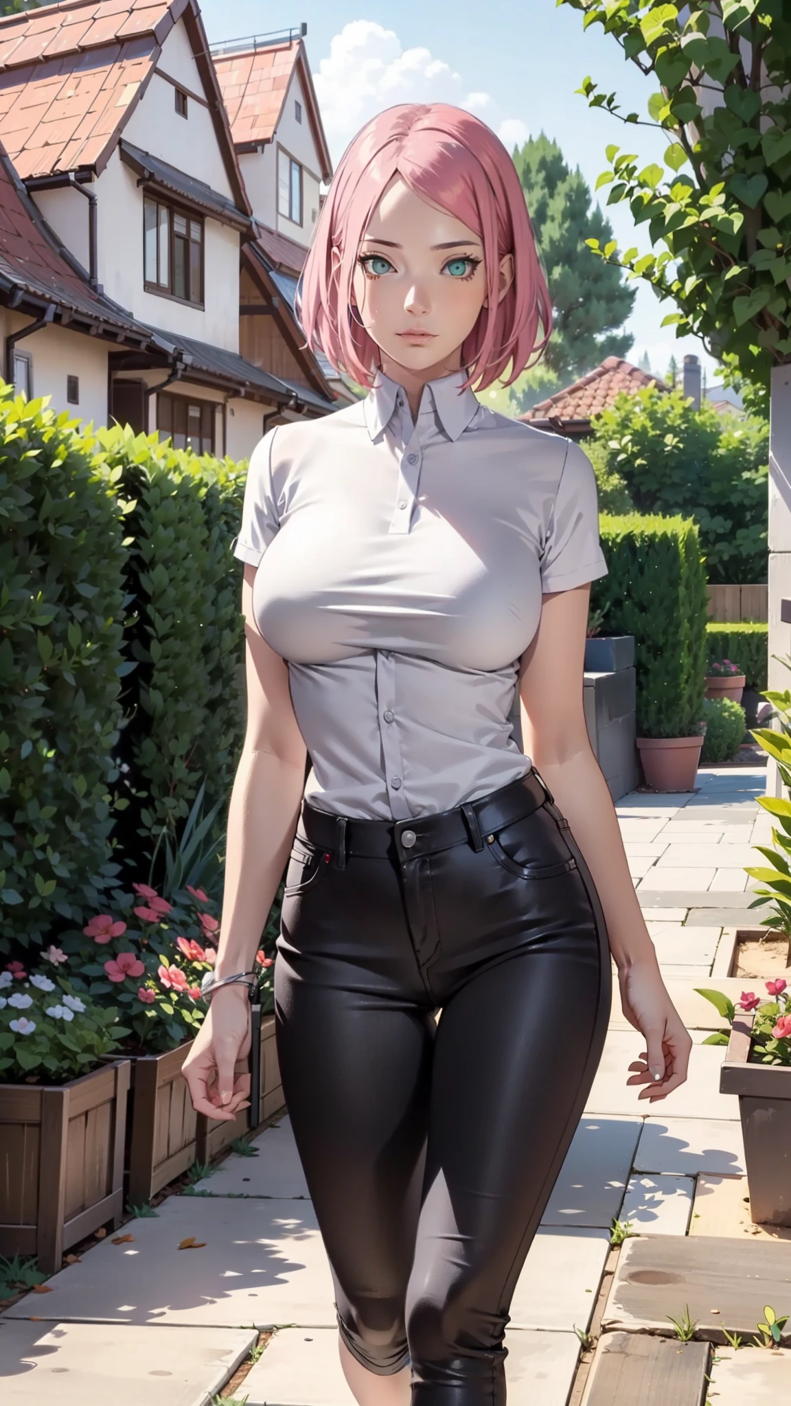 1 girl,sexy body,perfect body,sehr enge kleidung,zeigt viel haut,sexy kleidung,,Breasts peep out,stehend im garten,nahaufnahme,arms behind back,sakura haruno,rotes Harrband, white shirt,black jeans,hot, big breasts, front view, pornographic pose