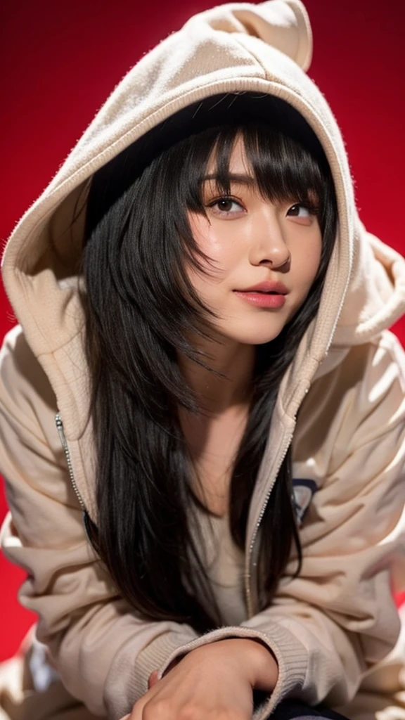 a close up of a person with long hair and a hoodie, chocho amikichi, chocho from anime boruto, as an anime character, perfect anime face, she has brown hair with bangs, female anime character, anime character, anime best girl, hime cut hairstyle, brown hair, (red glossy lips:1.3), skin brown, yellow eyes, smile, city background, (beautiful face:1.3)