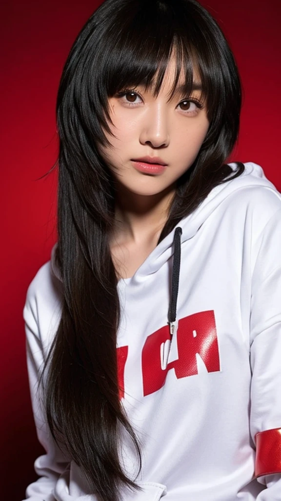 a close up of a person with long hair and a hoodie, chocho amikichi, chocho from anime boruto, as an anime character, perfect anime face, she has brown hair with bangs, female anime character, anime character, anime best girl, hime cut hairstyle, brown hair, (red glossy lips:1.3), skin brown, yellow eyes, smile, city background, (beautiful face:1.3)