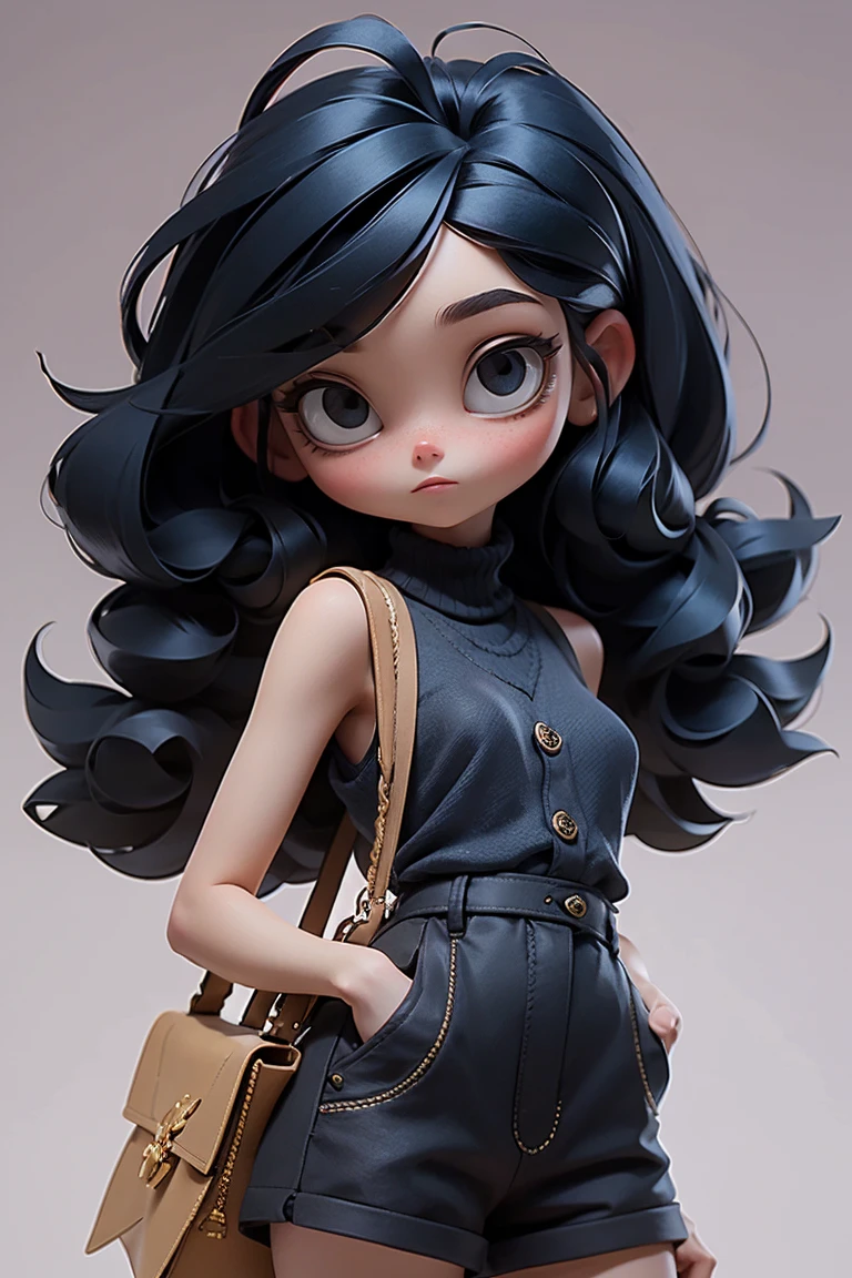 (masterpiece, best quality), 1 Girl, Black silky long, straight hair,Black eyes，No curly hair，Vertical hair，Every strand of hair is straight，Hair on shoulders and back， Small Breasts, Dark blue flowing silhouette turtleneck sleeveless vest. and linen short paper bag shorts, only, Stand with your hands in your pockets, Staring into the distance curiously.