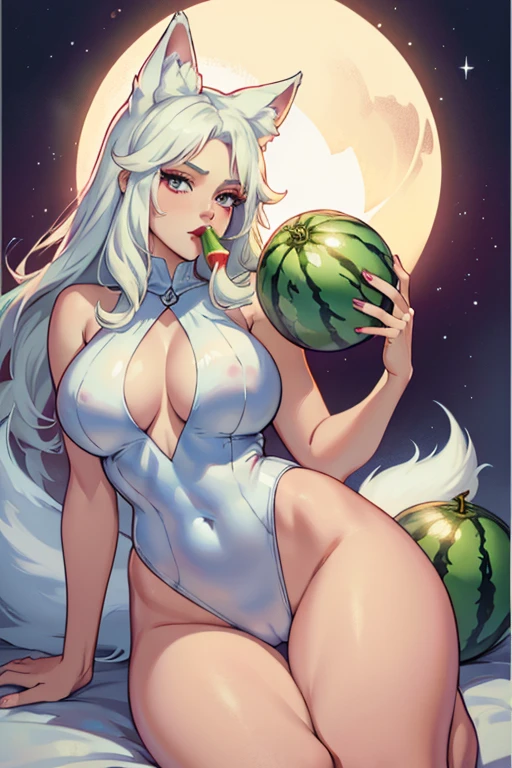 A white haired woman with copper eyes with an hourglass figure with white fox ears and a white fox tail wearing a one piece swimsuit is eating a watermelon